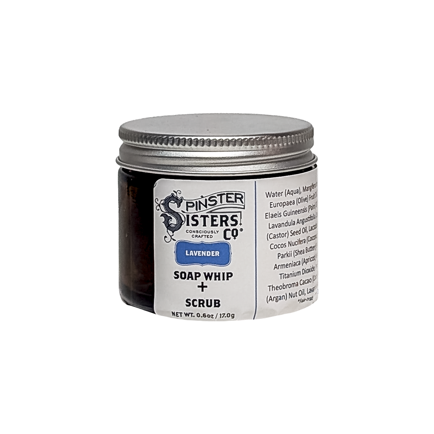 0.6 oz Jar of Spinster Sisters Co. Lavender soap whip + scrub  on a white background