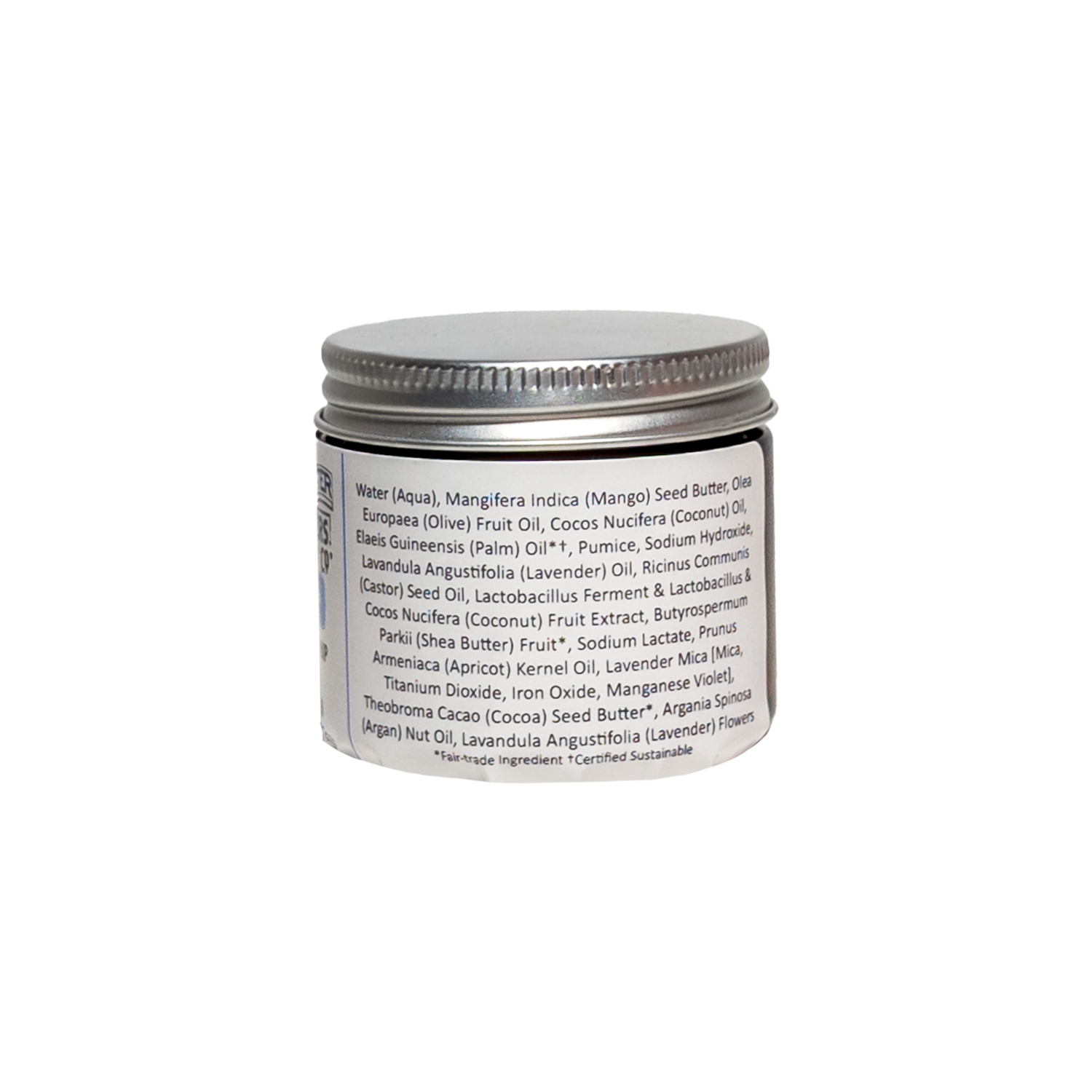 0.6 oz Jar of Spinster Sisters Co. LAvender soap whip + scrub ingredients list on a white background