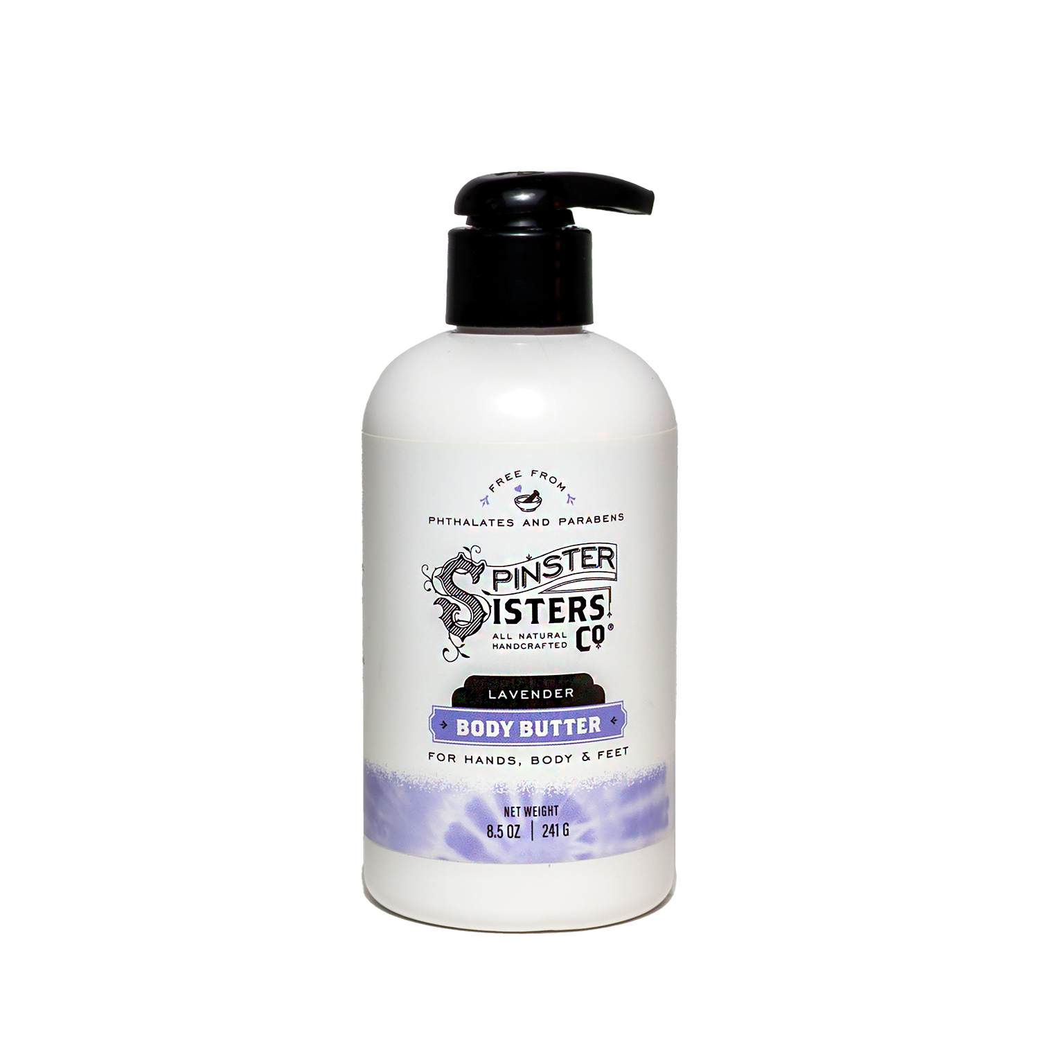White bottle of Spinster Sisters Lavender 8.5 oz body butter on a white background