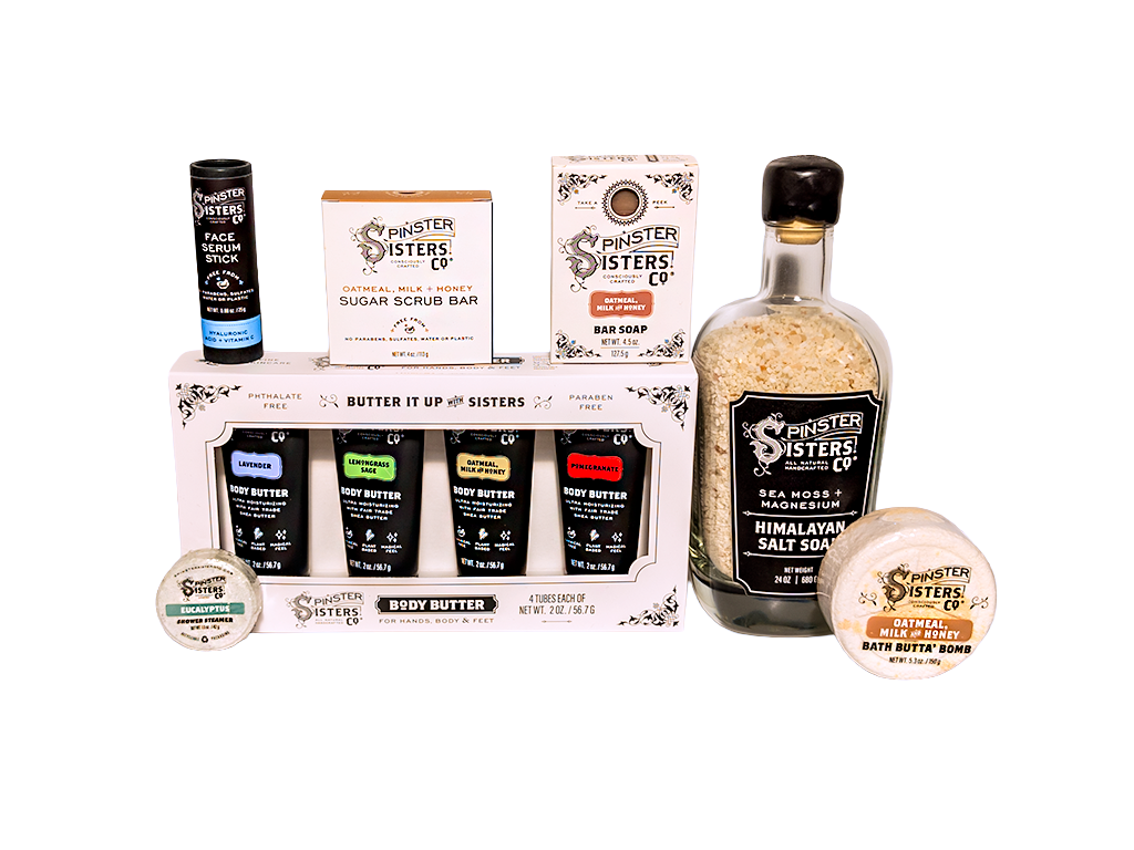 Collection of Spinster Sisters Co. Body Care products in a decorative basket.