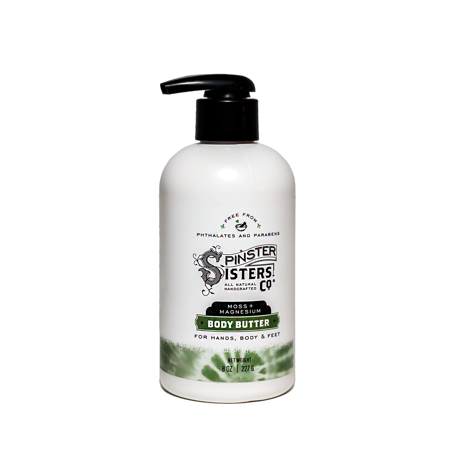 Moss and Magnesium 8.5 oz Body butter bottle with 'Spinster Sisters Co' branding on a white background