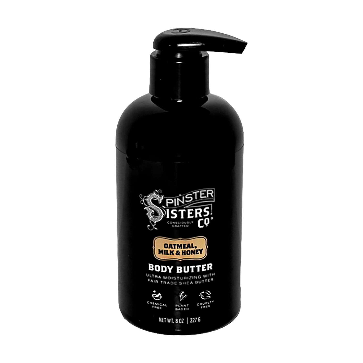 Black Bottle of Spinster Sisters Oatmeal Milk and Honey 8.5 oz Body Butter on A White background