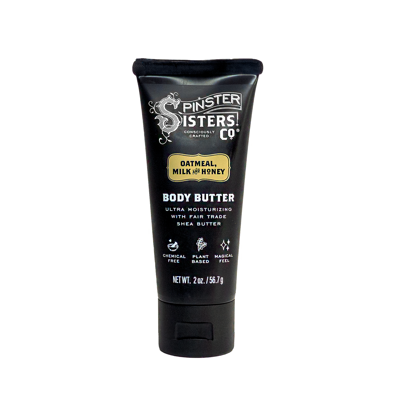 Black tube of Spinster Sisters Co. 2oz Oatmeal Milk & Honey body butter on a white background