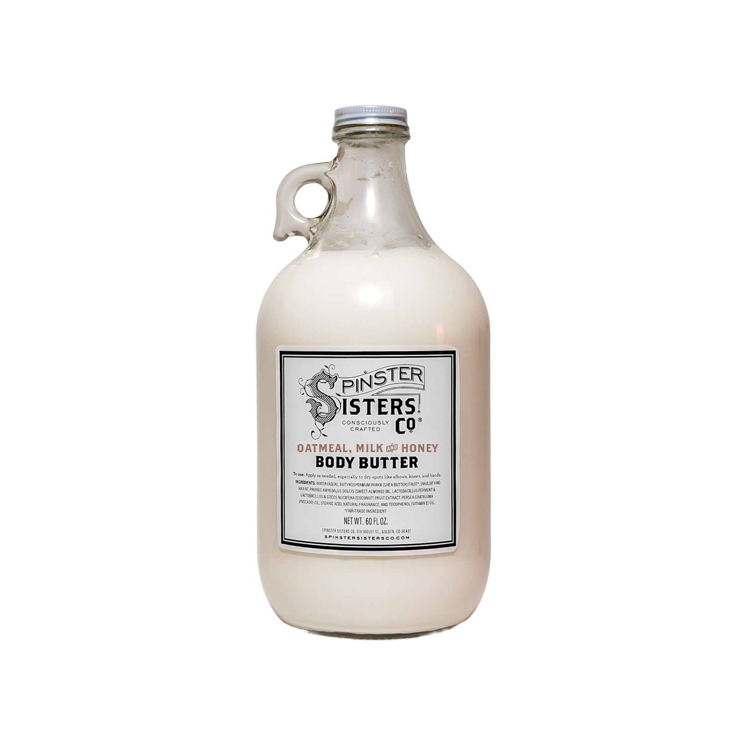 Jug of Spinster Sisters Co. Oatmeal Milk and Honey Bulk body butter on a white background
