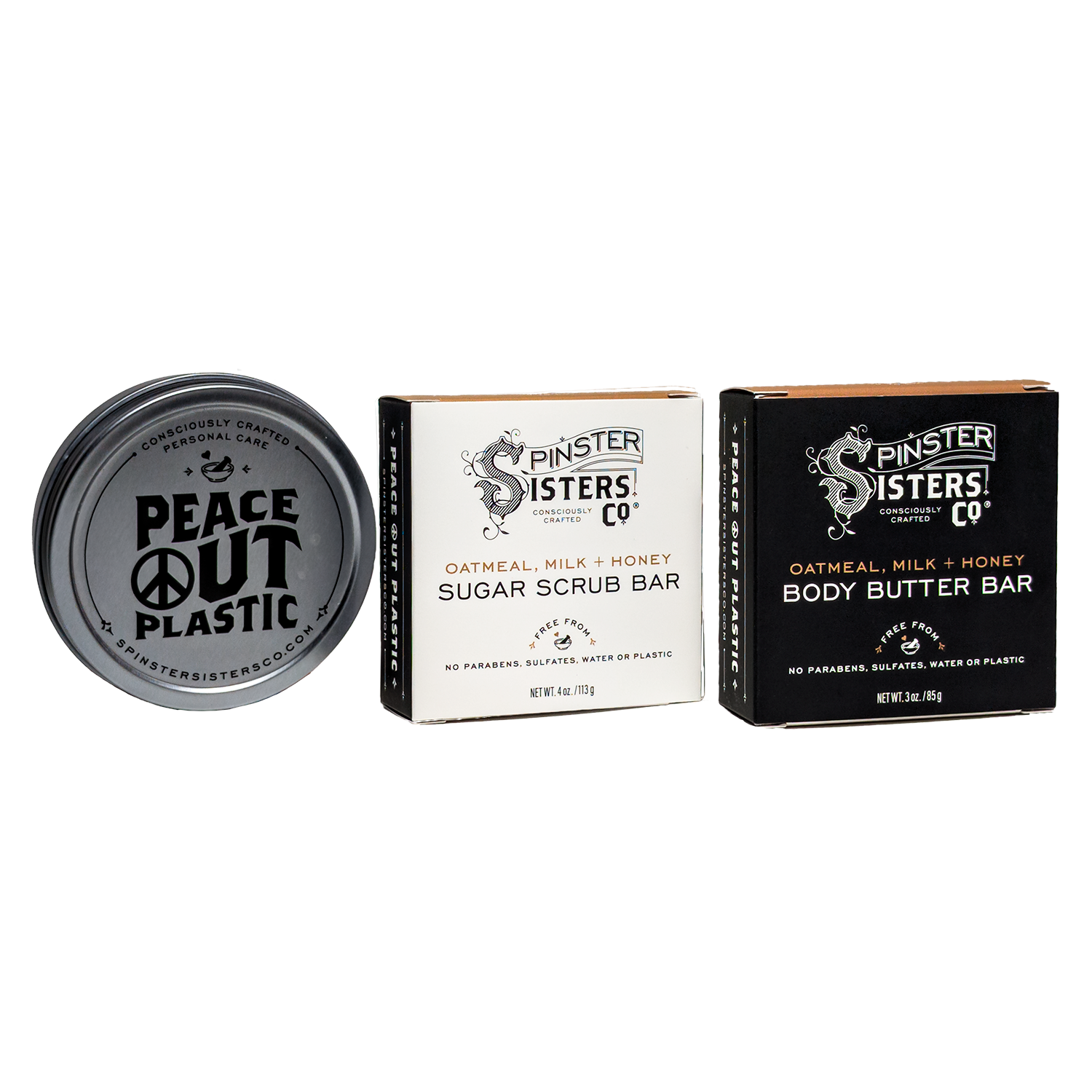 Spinster Sisters Co. Oatmeal Milk & Honey Body butter bar, 'Peace Out Plastic' Travel Tin, and an Oatmeal Milk & Honey sugar scrub bar on a white background.