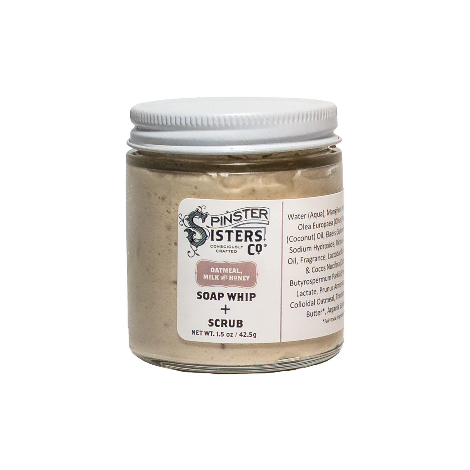 1.5 oz Jar of Spinster Sisters Co. Oatmeal Milk & Honey soap whip + scrub on a white background