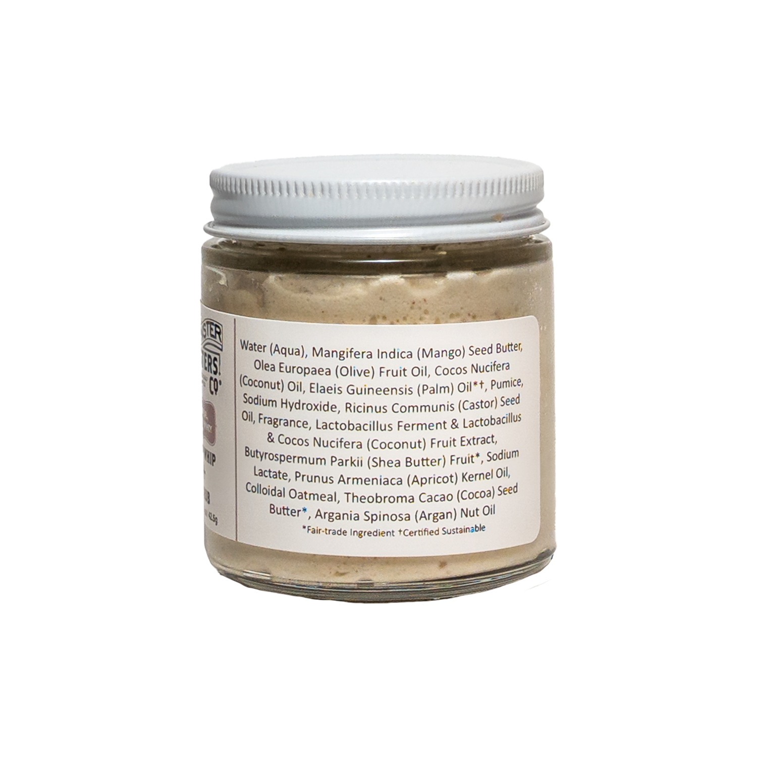 1.5 oz Jar of Spinster Sisters Co. Oatmeal Milk & Honey soap whip + scrub ingredients list on a white background