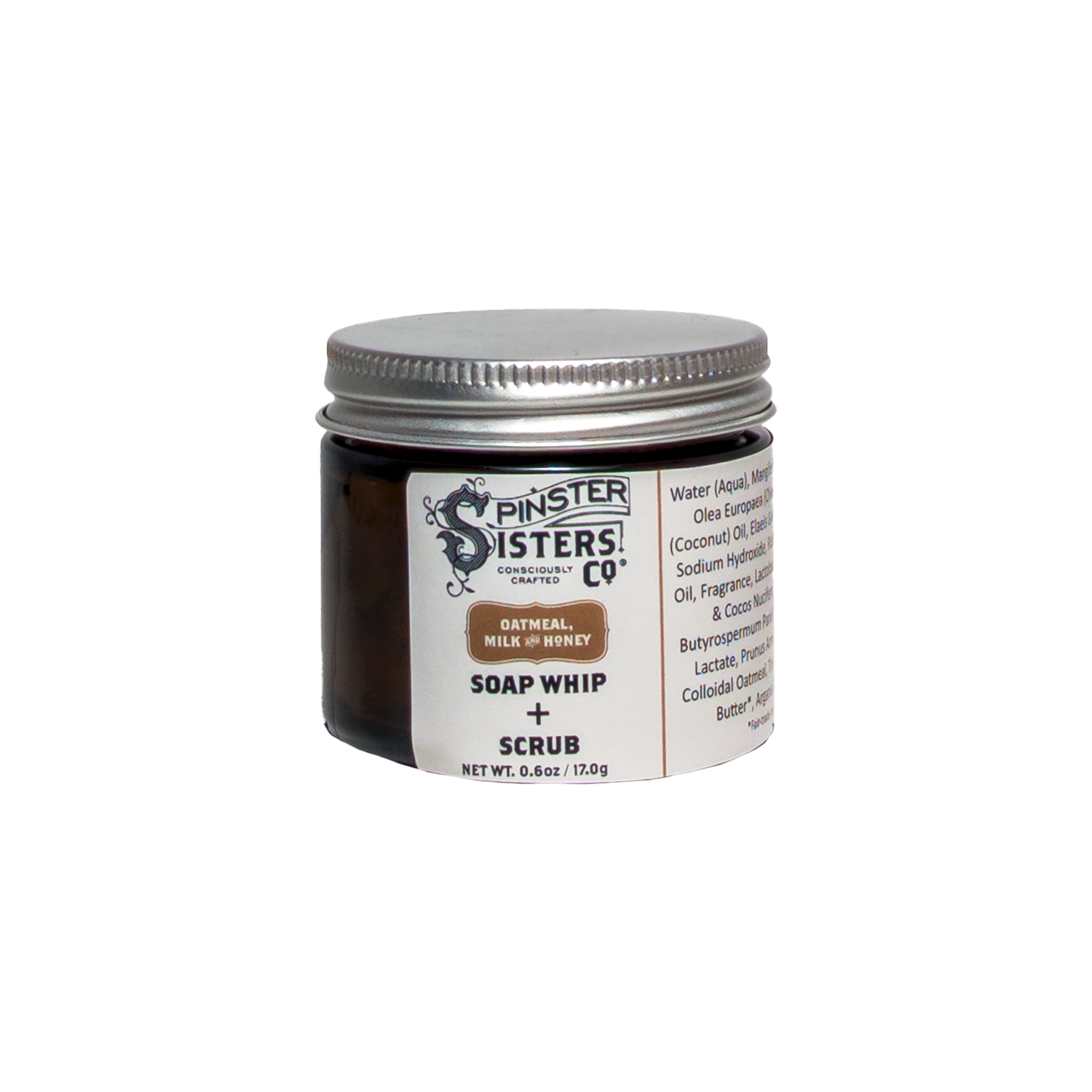 0.6 oz Jar of Spinster Sisters Co. Oatmeal Milk & Honey soap whip + scrub on a white background