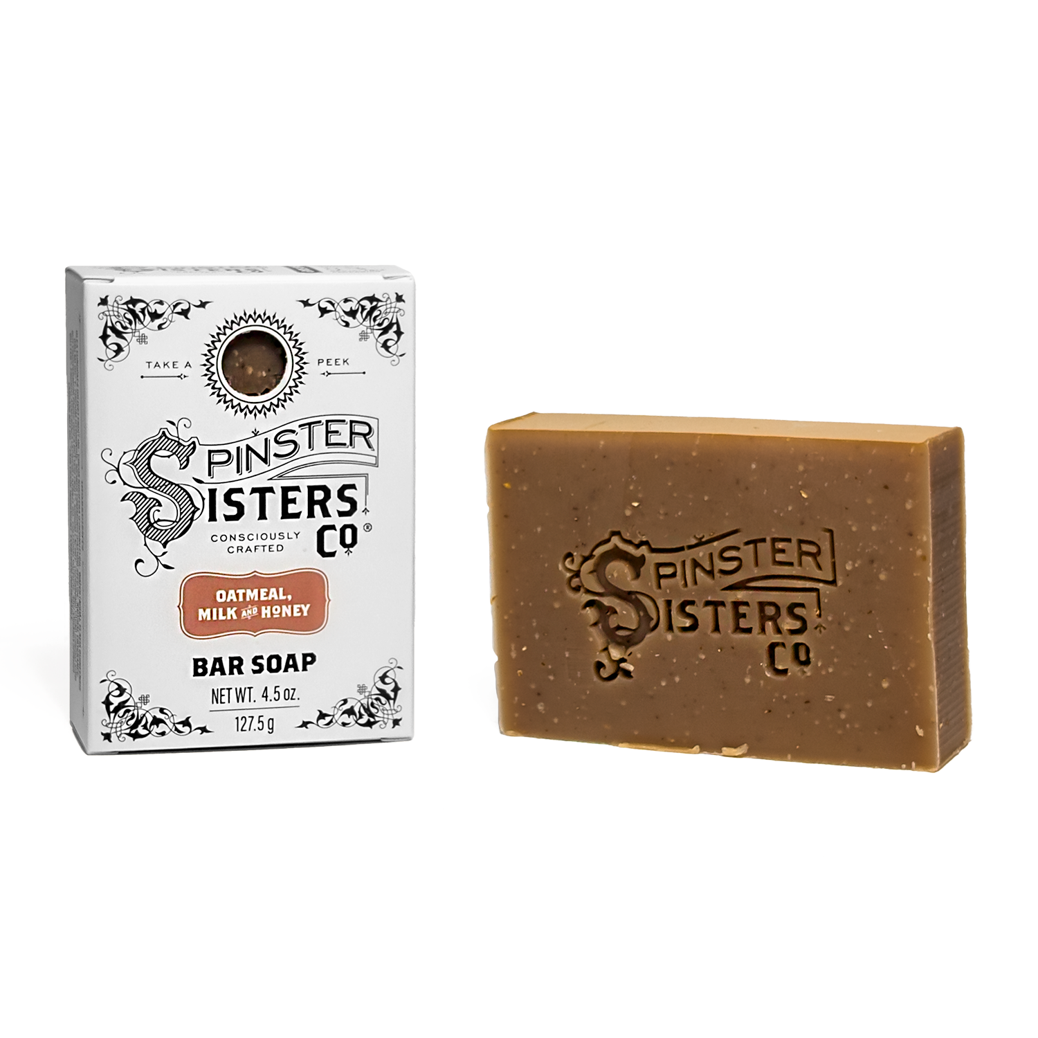 Bar of Spinster Sisters Co. Oatmeal Milk & Honey soap with packaging on a white background