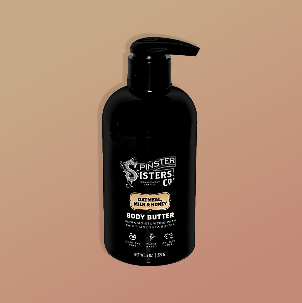Black Bottle of Spinster Sisters Oatmeal Milk and Honey 8.5 oz Body Butter on A gradient background