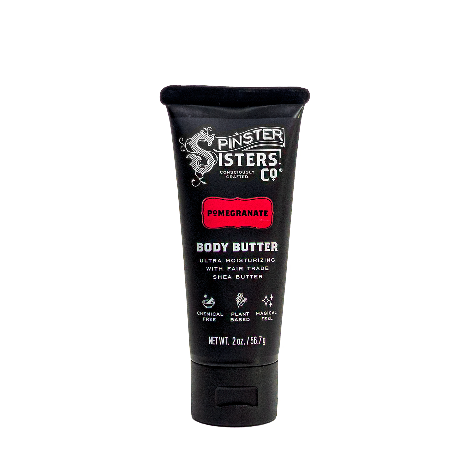Black tube of Spinster Sisters Co. 2oz Pomegranate body butter on a white background