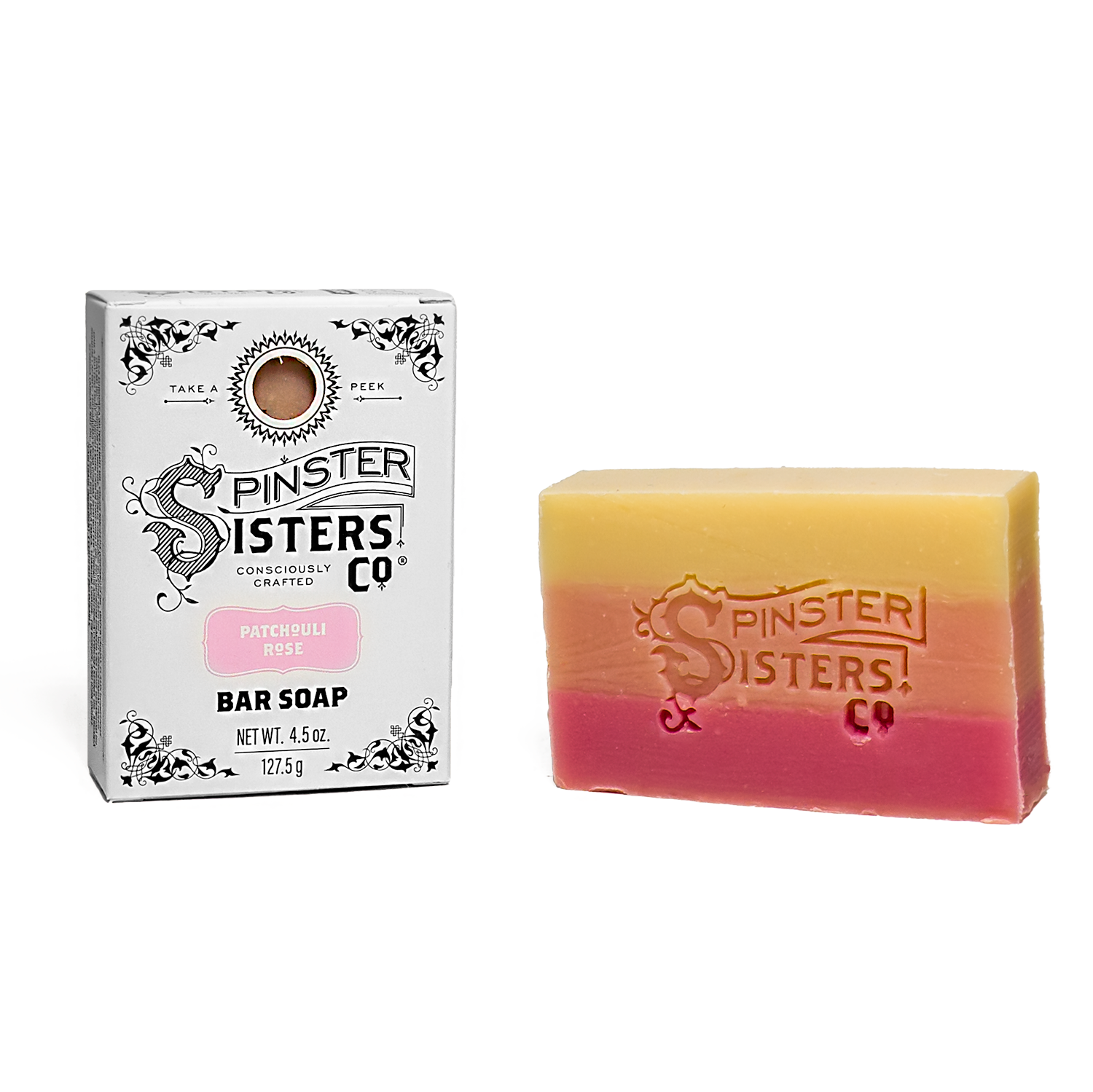 Spinster Sisters Co. Patchouli Rose bar soap with packaging on a white background
