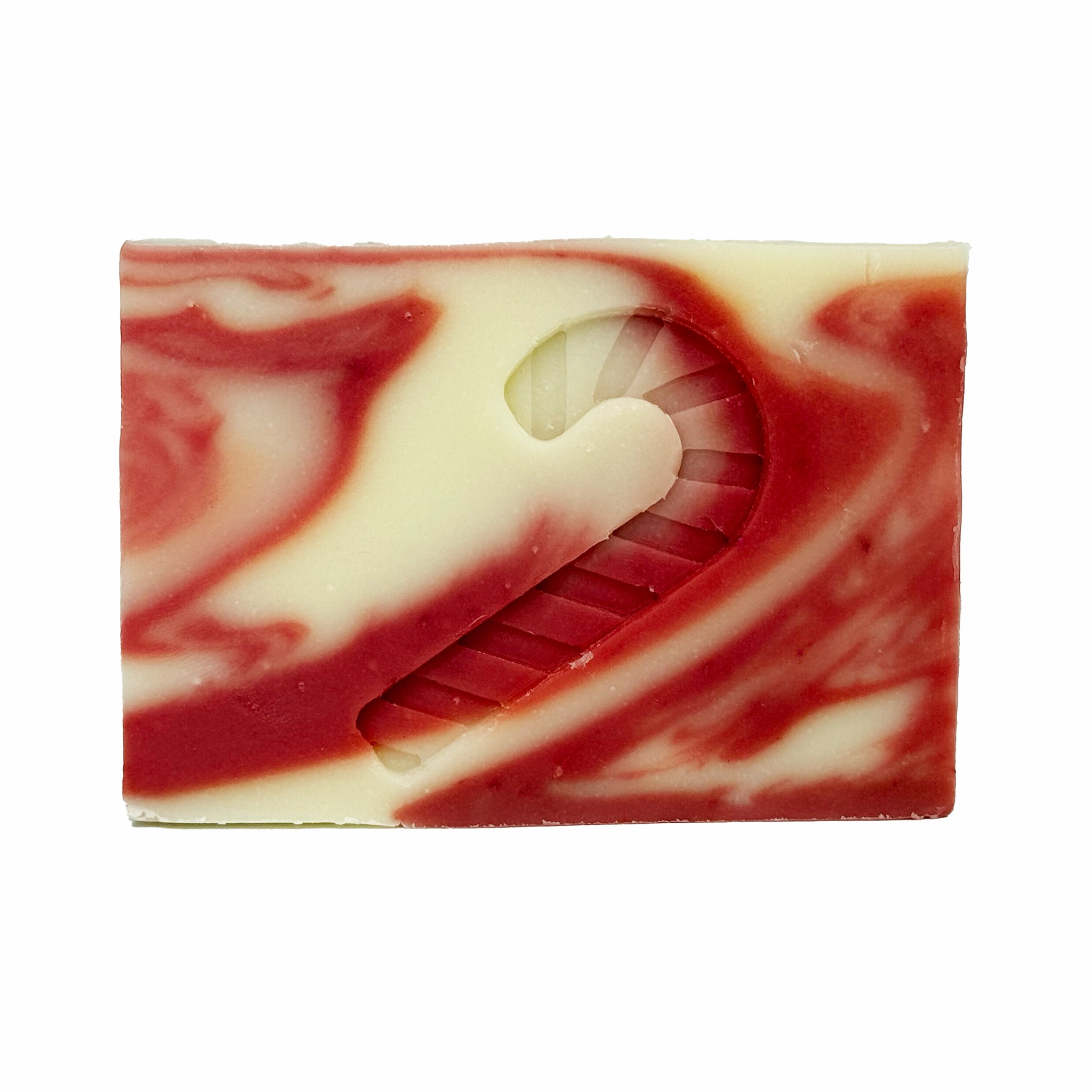 Marbled red and white Peppermint Bar soap with a Candy Cane Stamp on a white background