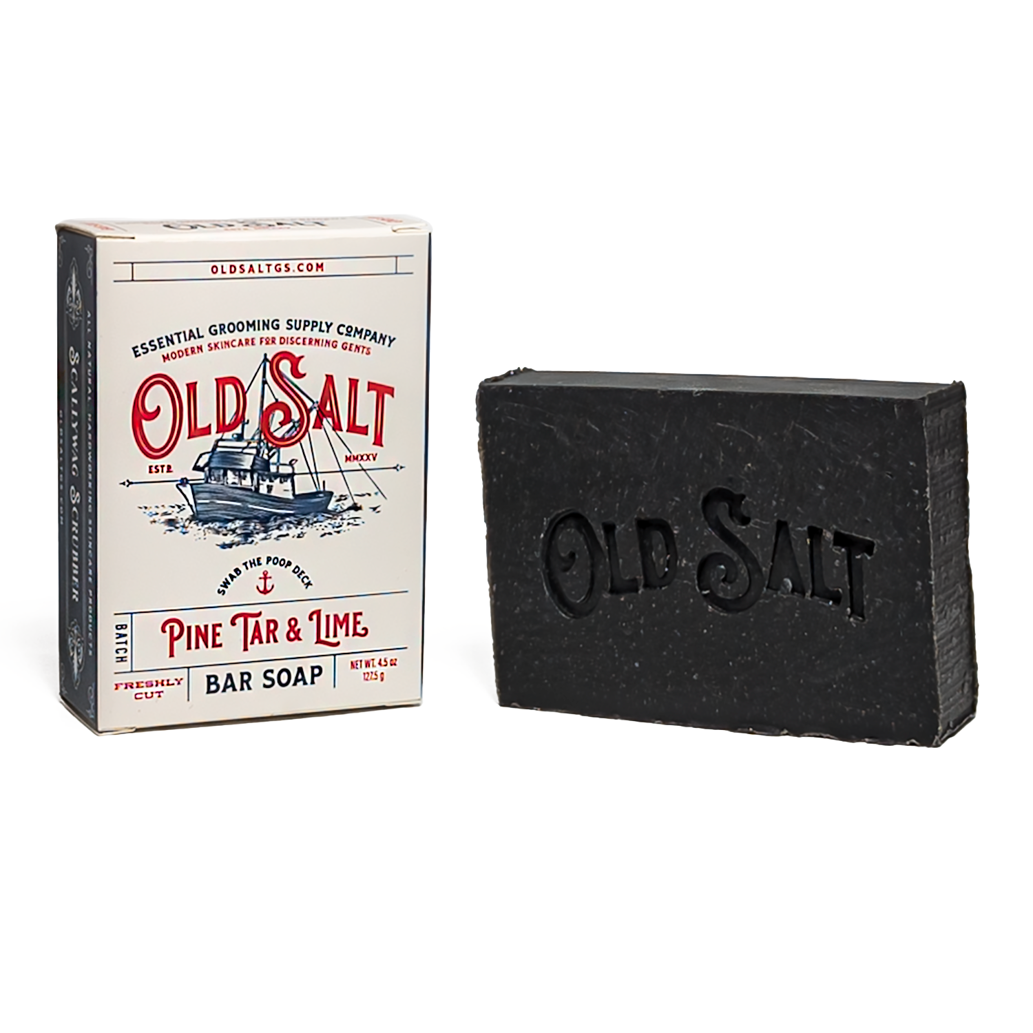 Bar of Old Salt Pine Tar & Lime soap with packaging on a white background