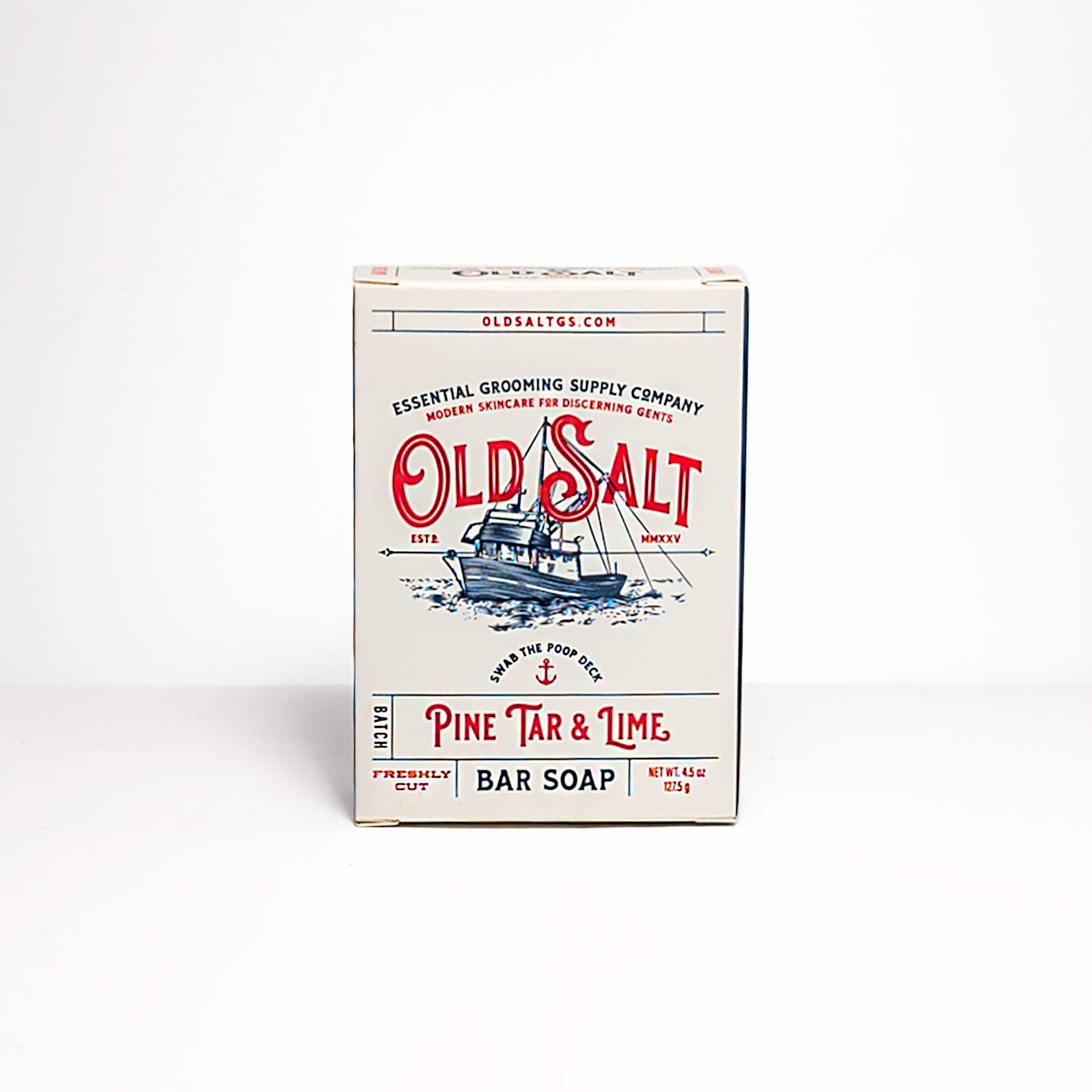 Box of Old Salt Pine Tar & Lime bar soap with a boat illustration on a white background
