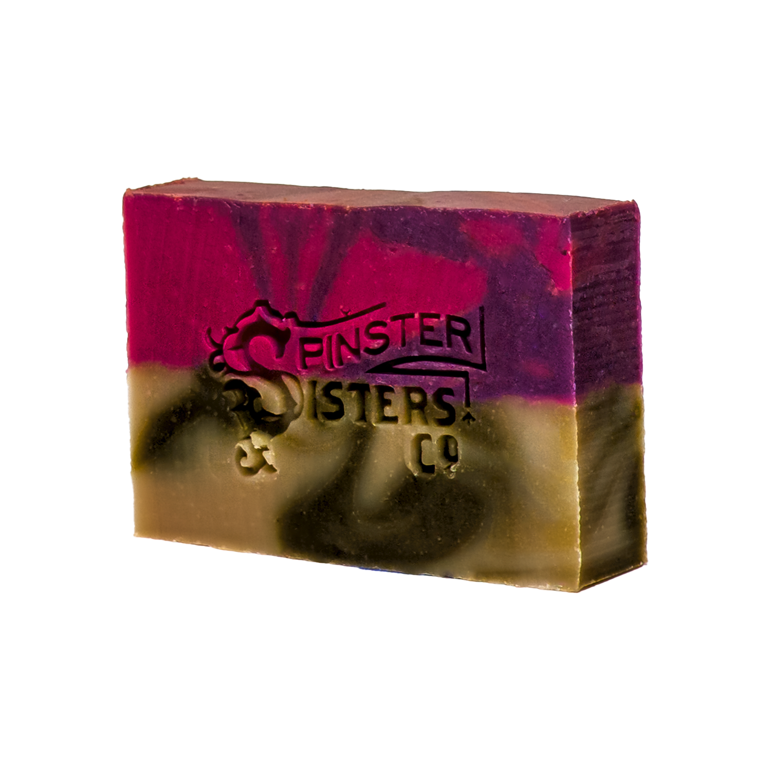 Prickly Pear soap bar with 'Spinster Sisters Co' branding on a white background