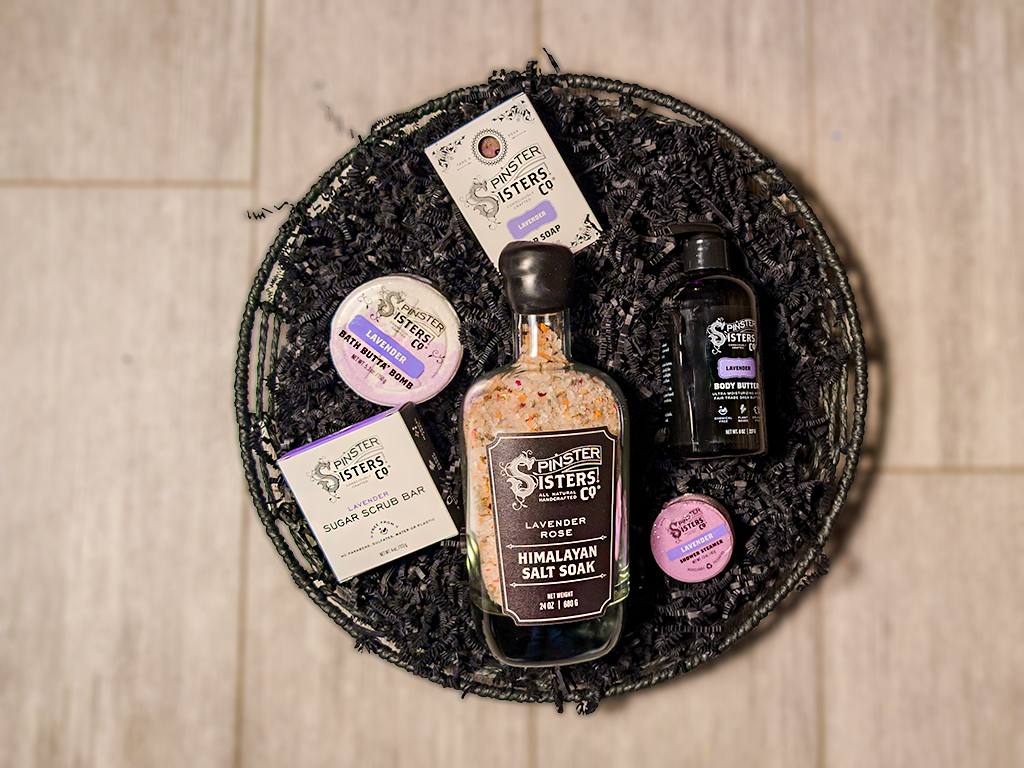 Basket of Sister Sisters Co. Lavender products.