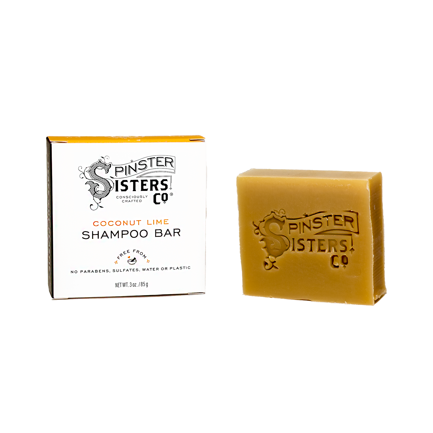 Spinster Sisters Co. coconut lime shampoo bar with packaging on a white background