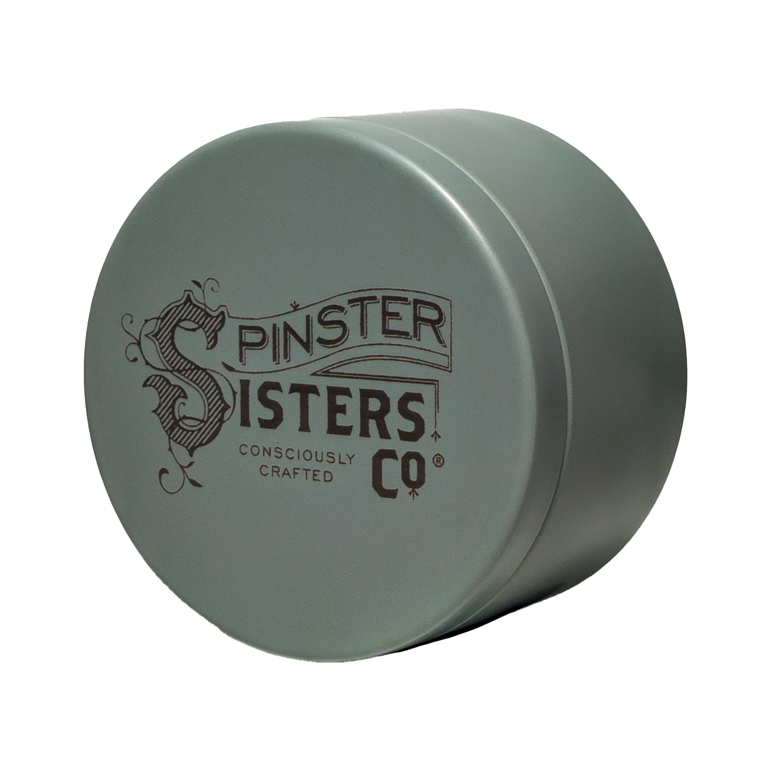 'Spinster Sisters Co Consciously Crafted' Etched on a Sage colored travel tin