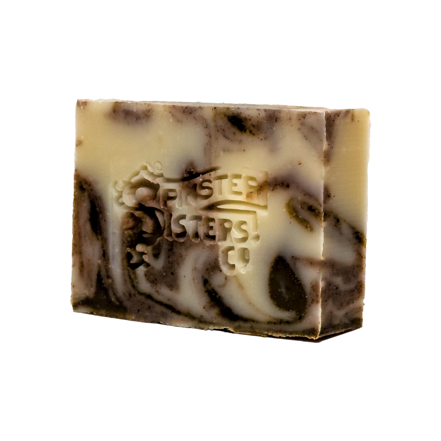 Sandalwood Bar of soap with a marbled pattern and 'Spinster Sisters Co.' branding on a white background