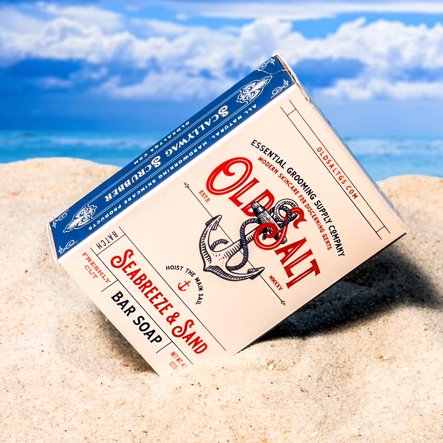 Box of Old Salt Seabreeze & Sand Bar Soap on a Sandy beach