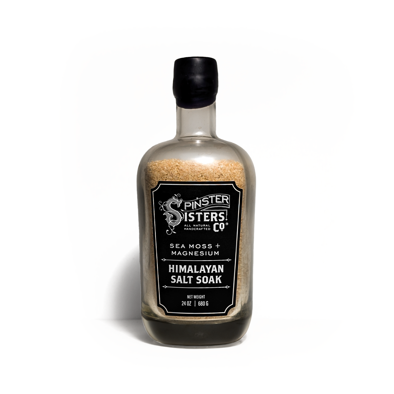 Bottle of Spinster Sisters Co. Sea Moss & Magnesium Himalayan Salt Soak on a white background