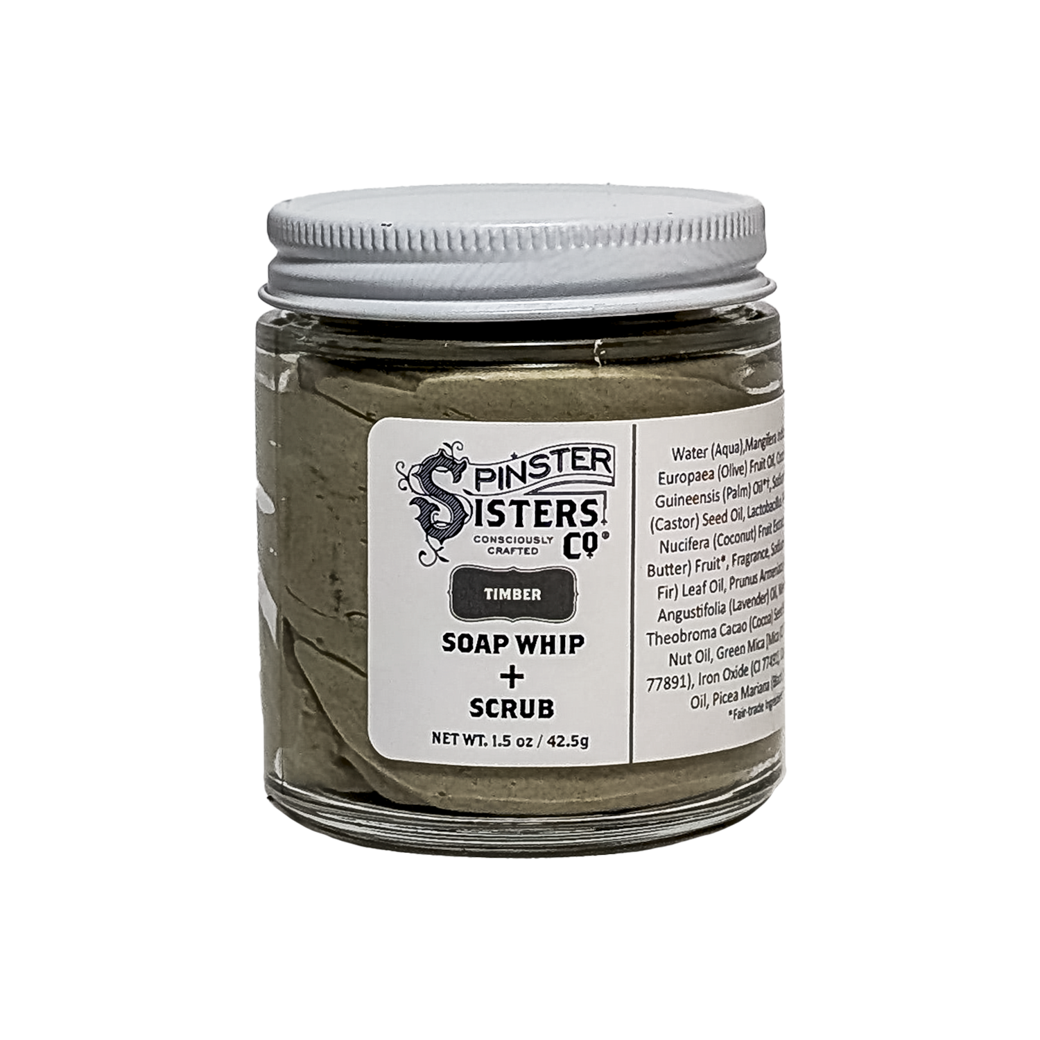 1.5 oz Jar of Spinster Sisters Co. Timber soap whip + scrub on a white background