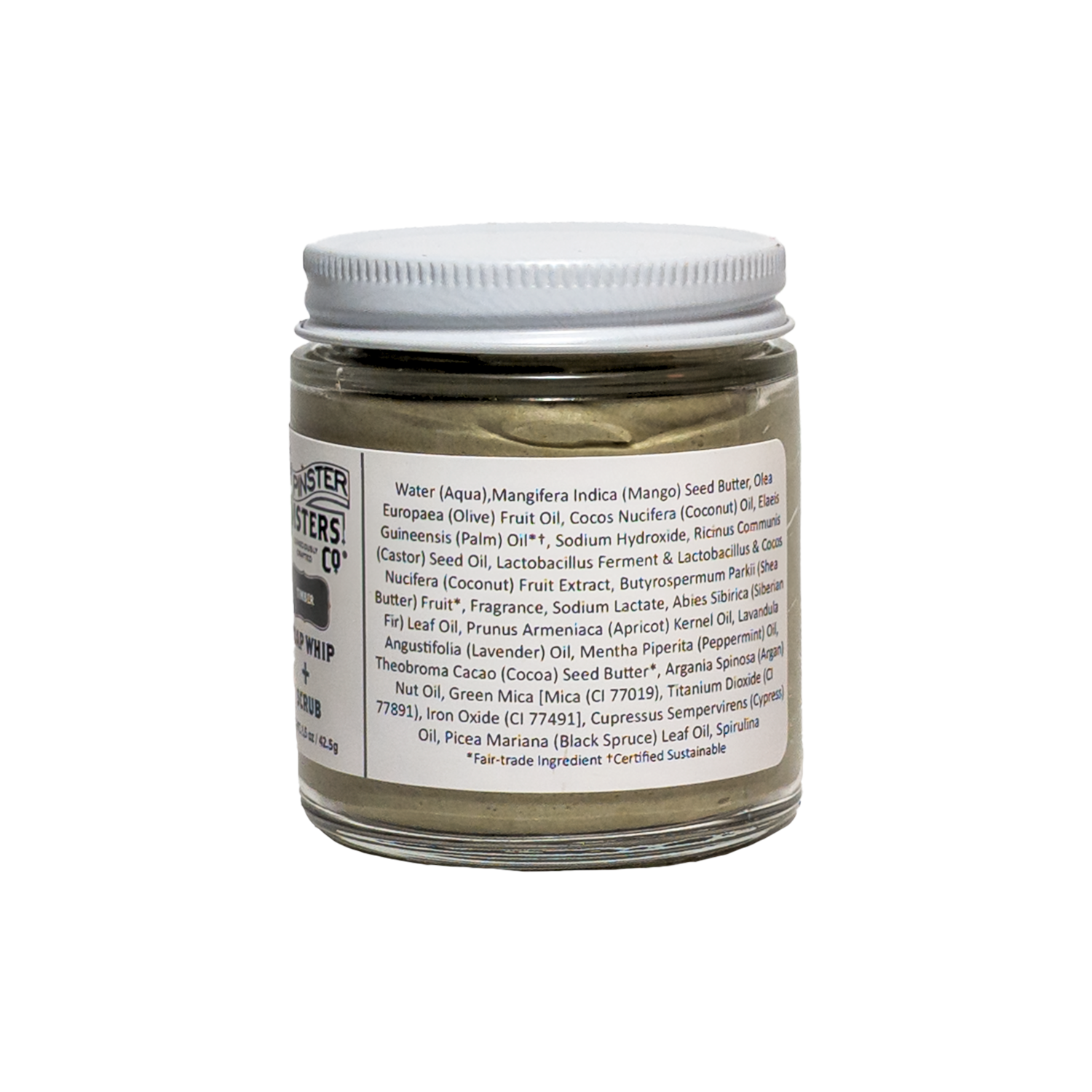 1.5 oz Jar of Spinster Sisters Co. Timber soap whip + scrub ingredients list on a white background