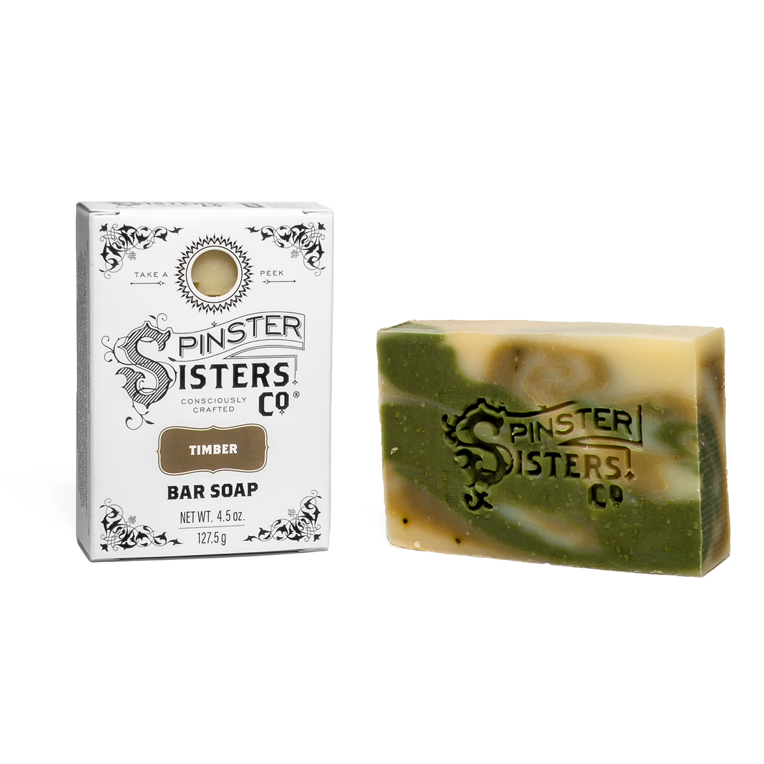 Spinster Sisters Co. Timber bar soap and packaging on a white background