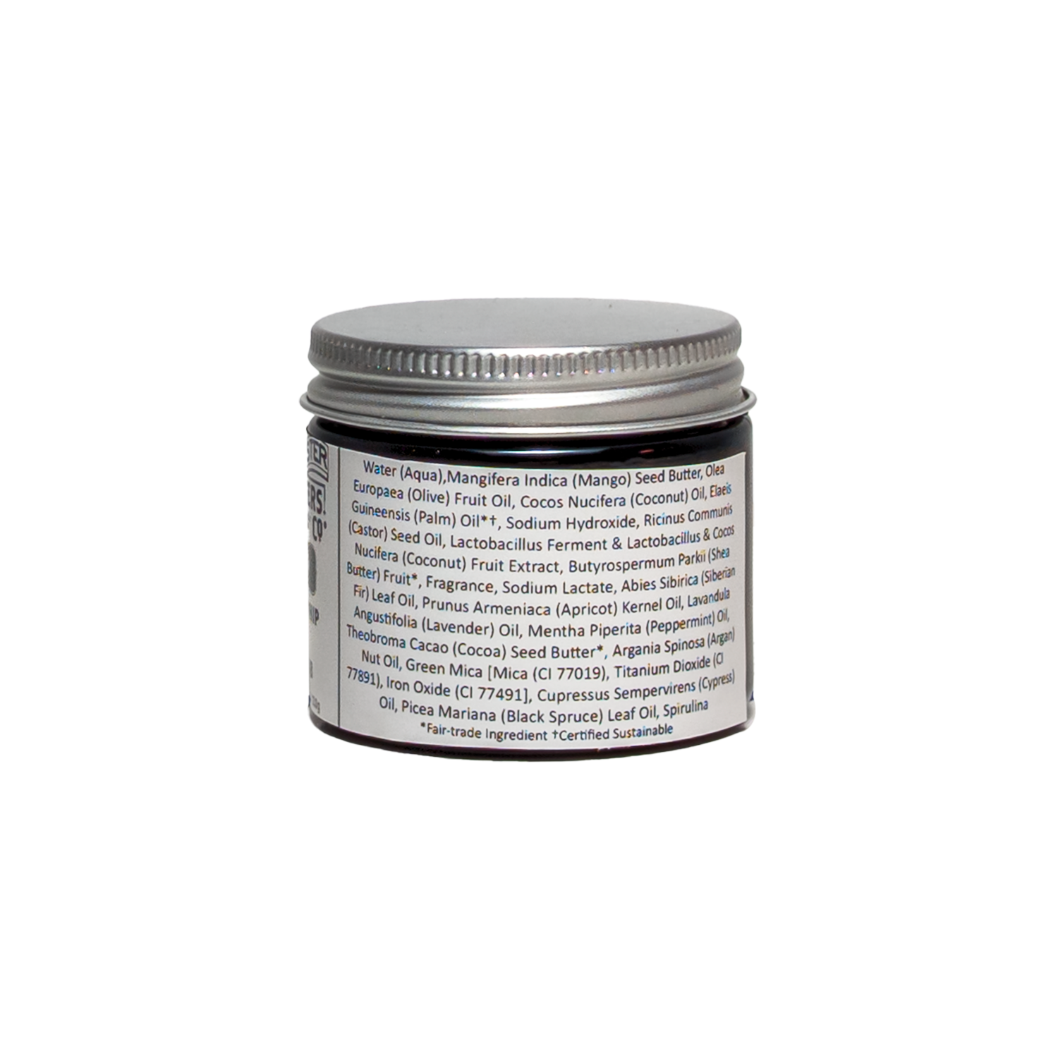 0.6 oz Jar of Spinster Sisters Co. Timber soap whip + scrub ingredients list on a white background