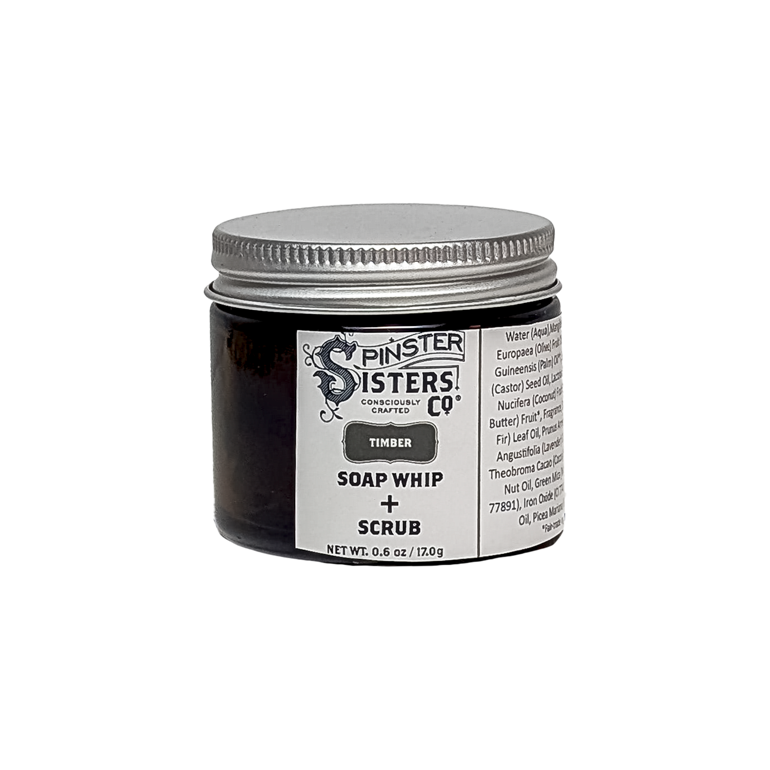 0.6 oz Jar of Spinster Sisters Co. Timber soap whip + scrub on a white background