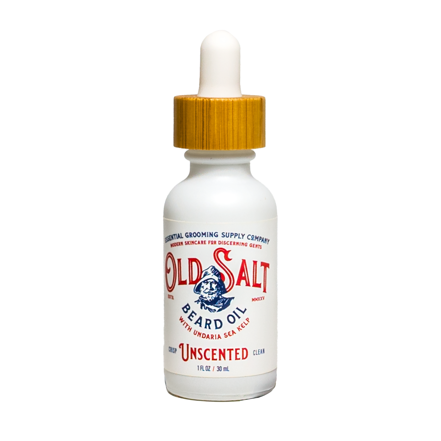 Bottle of Unscented 'Old Salt' beard Oil with sea kelp on white background