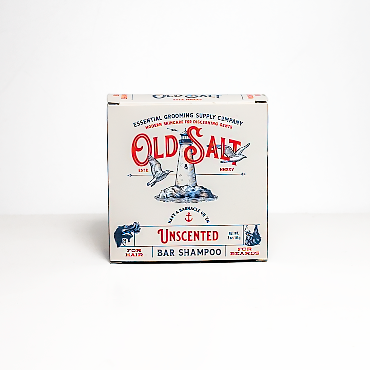 Box of Old Salt Unscented bar shampoo on a white background