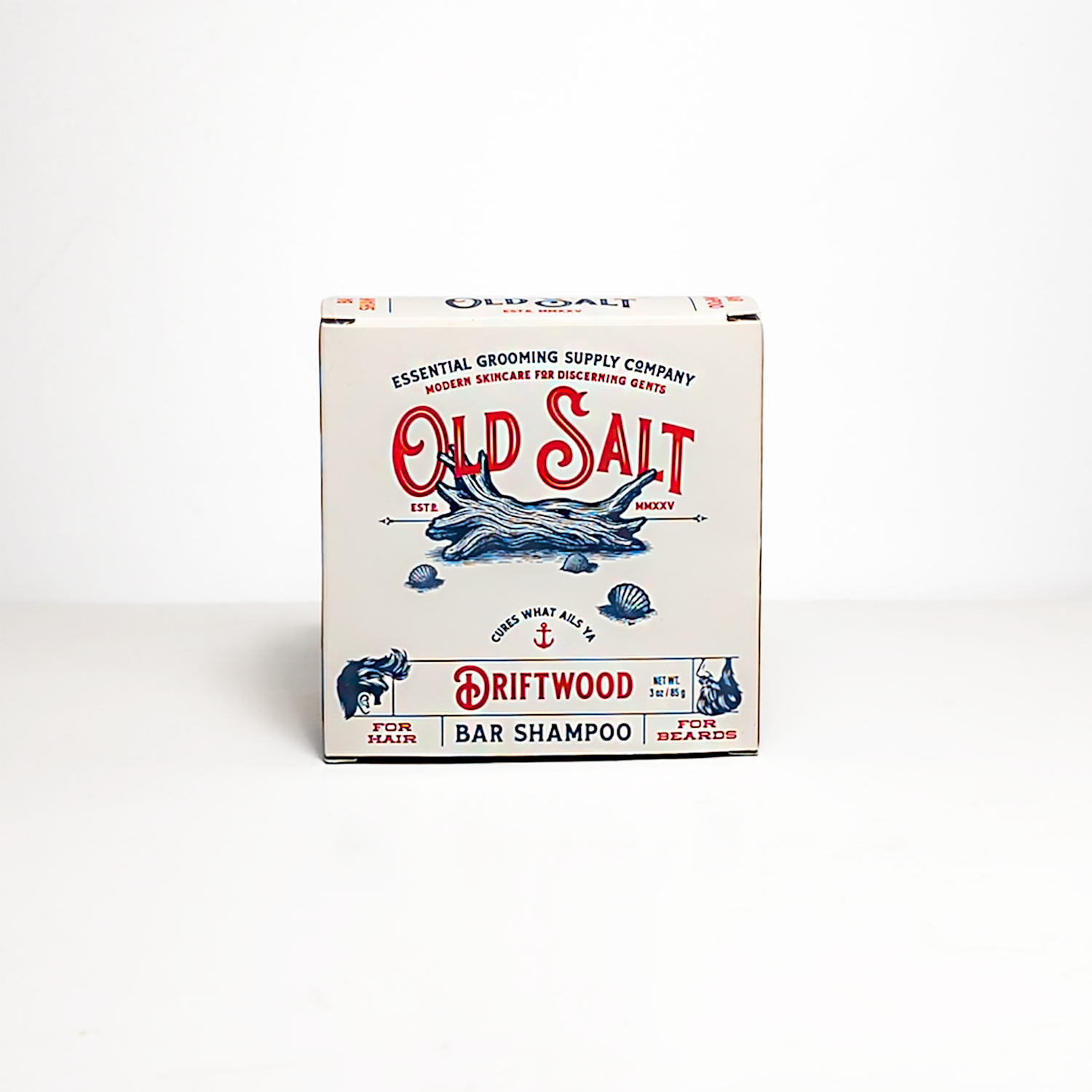 Box of Old Salt Driftwood Bar Shampoo on a white background