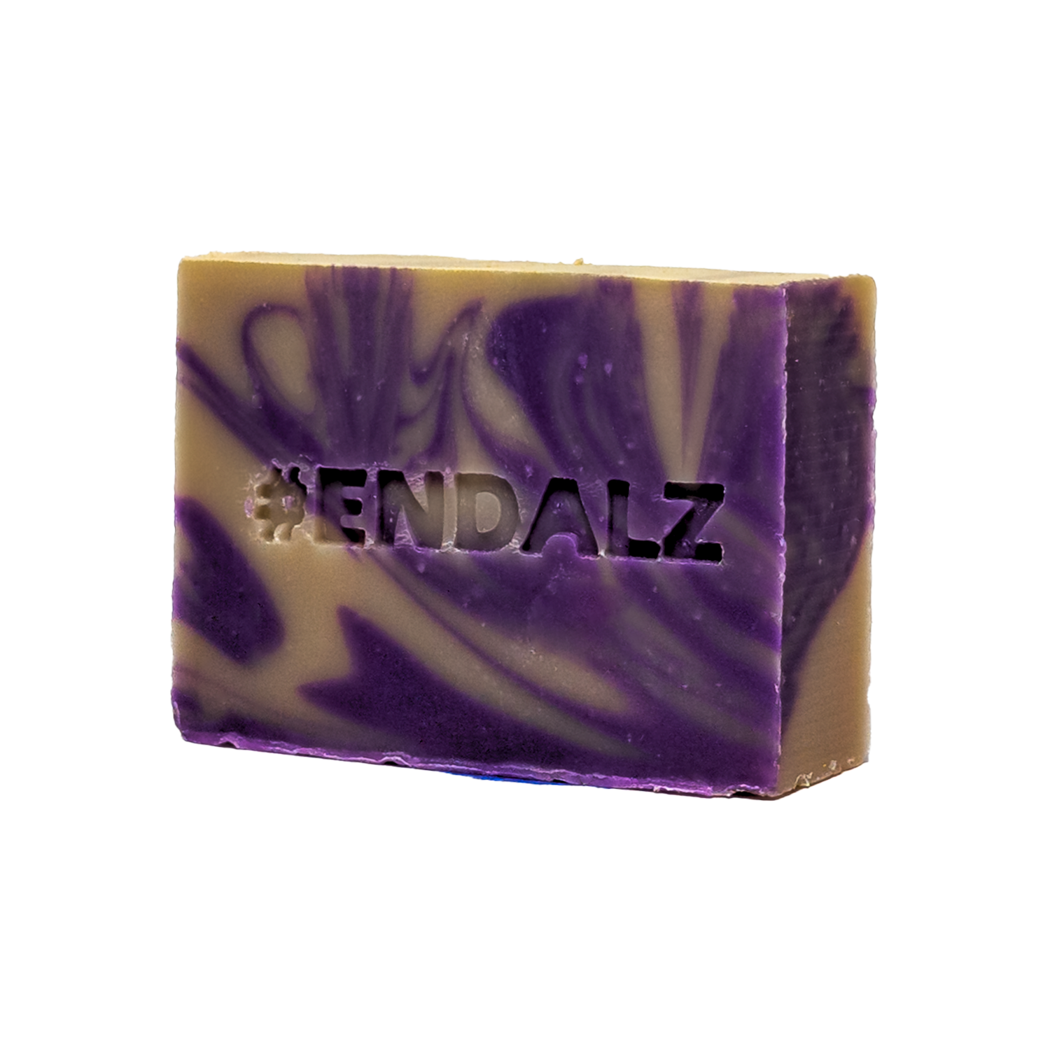Purple and beige swirled soap bar with '#ENDALZ' branding on a white background