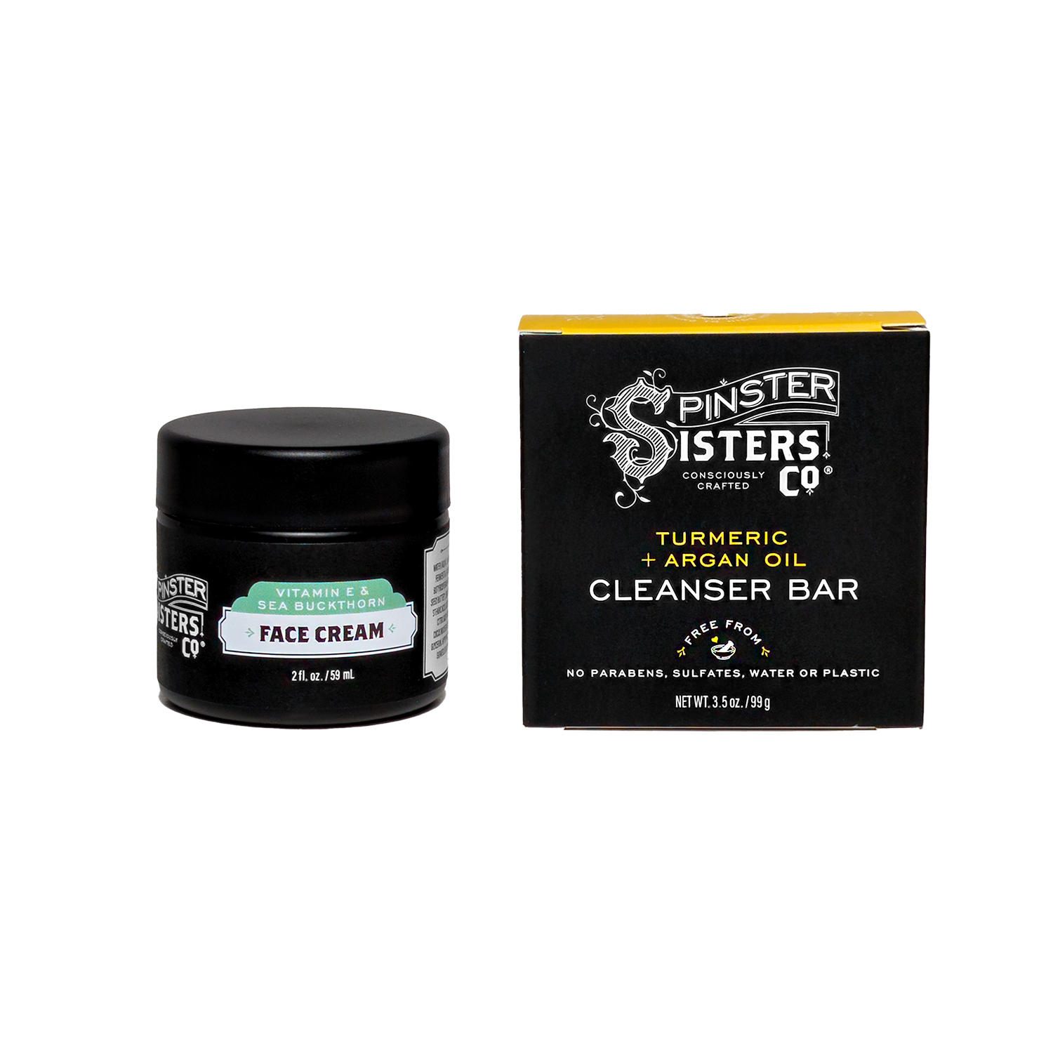 Black jar of face cream and box of Face cleanser bar from Spinster Sisters Co on a white background