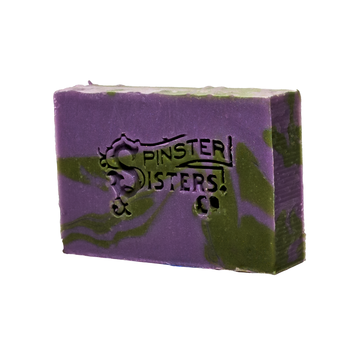 Purple and green Front Range Flowers  bar soap with 'Spinster Sisters' branding on a white background