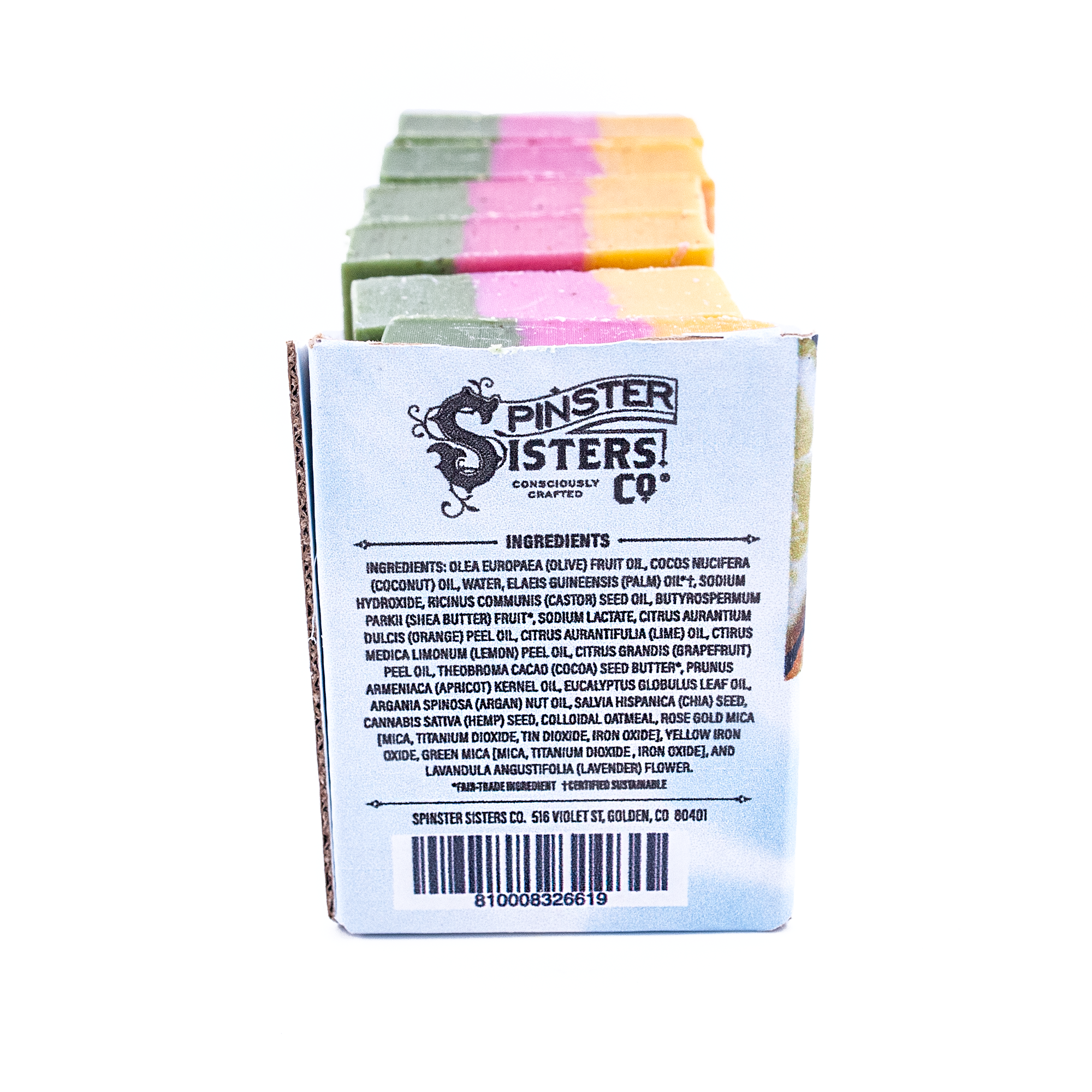 Box of Spinster Sisters soap with colorful bars inside on a white background