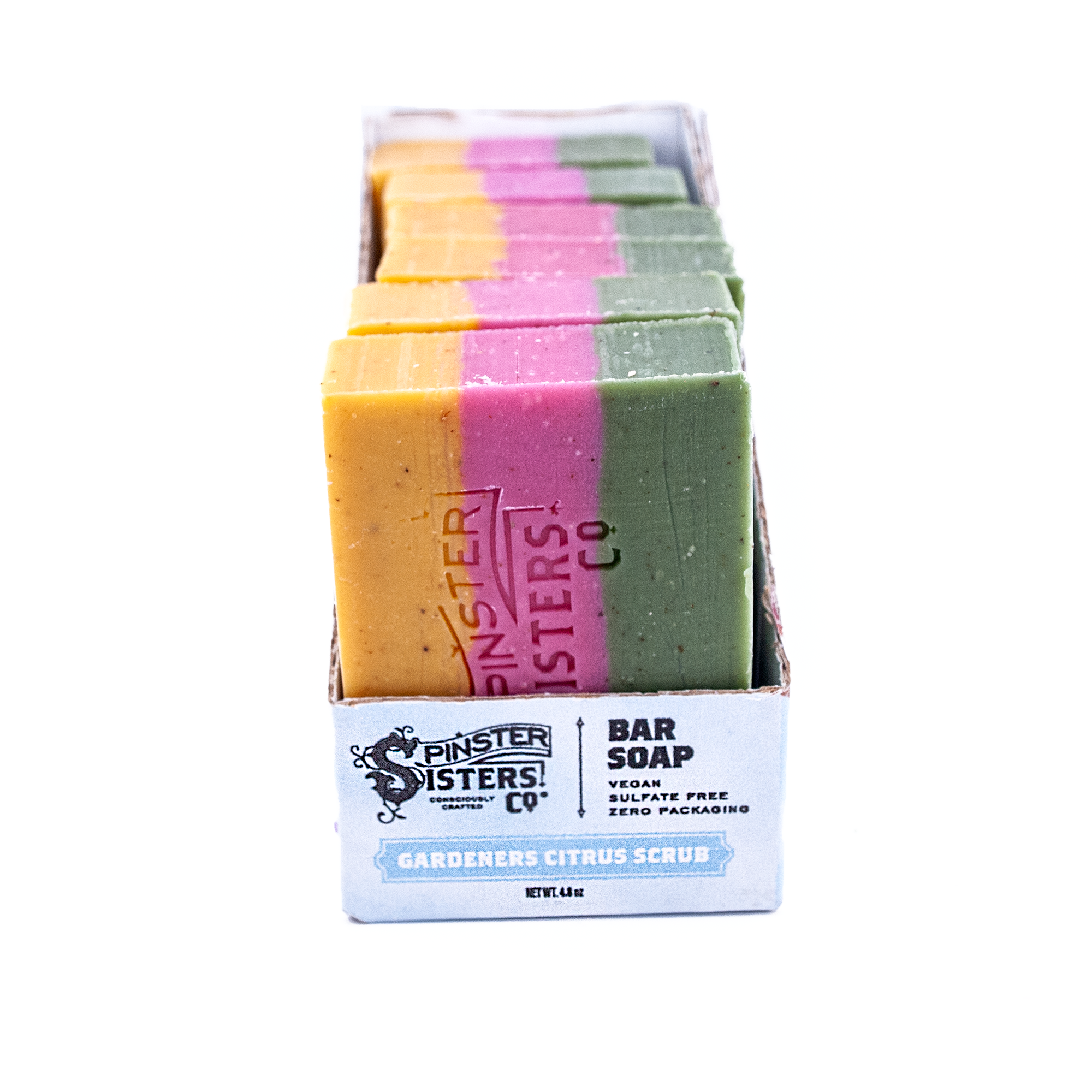 Case of Gardener's Citrus Scrub bars of soap in a box with 'Spinster Sisters Co' branding on a white background