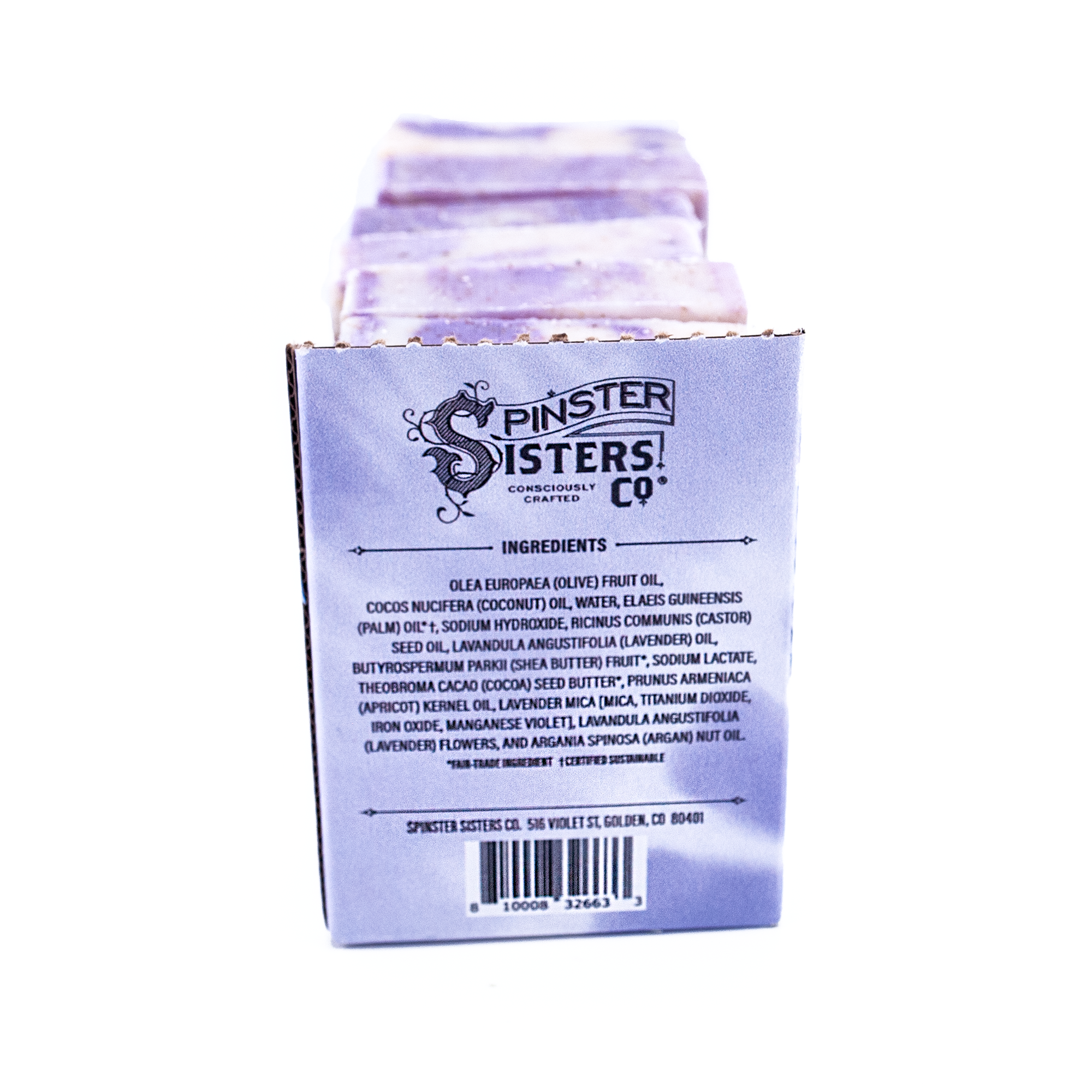Case of Spinster Sisters Co. soap with ingredients list on a white background