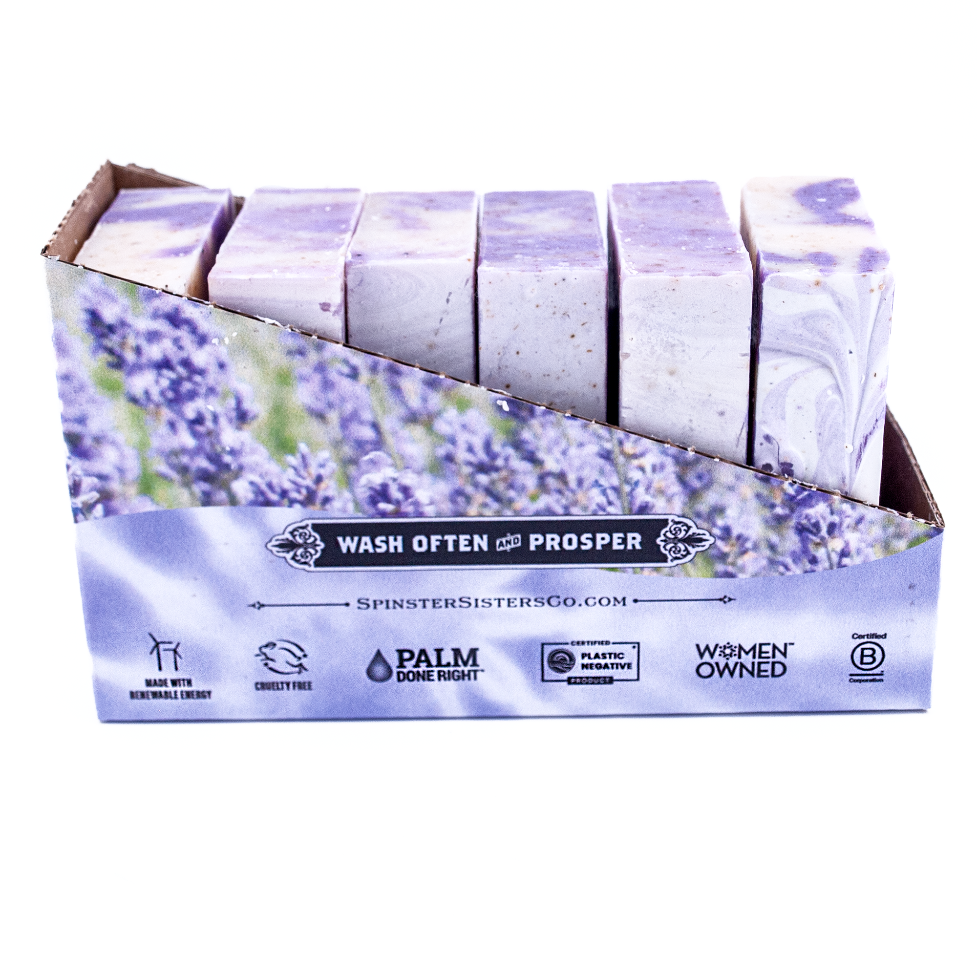 Case of Lavender soap bars with lavender design and branding on a white background
