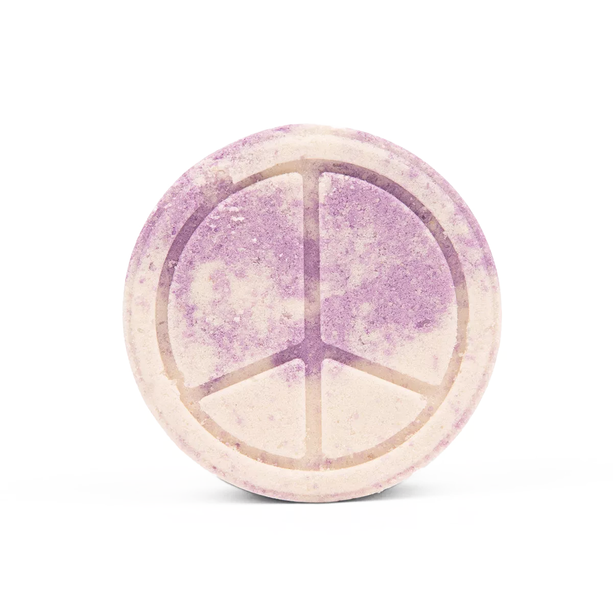 Peace symbol Lavender bath bomb with purple center on a white background