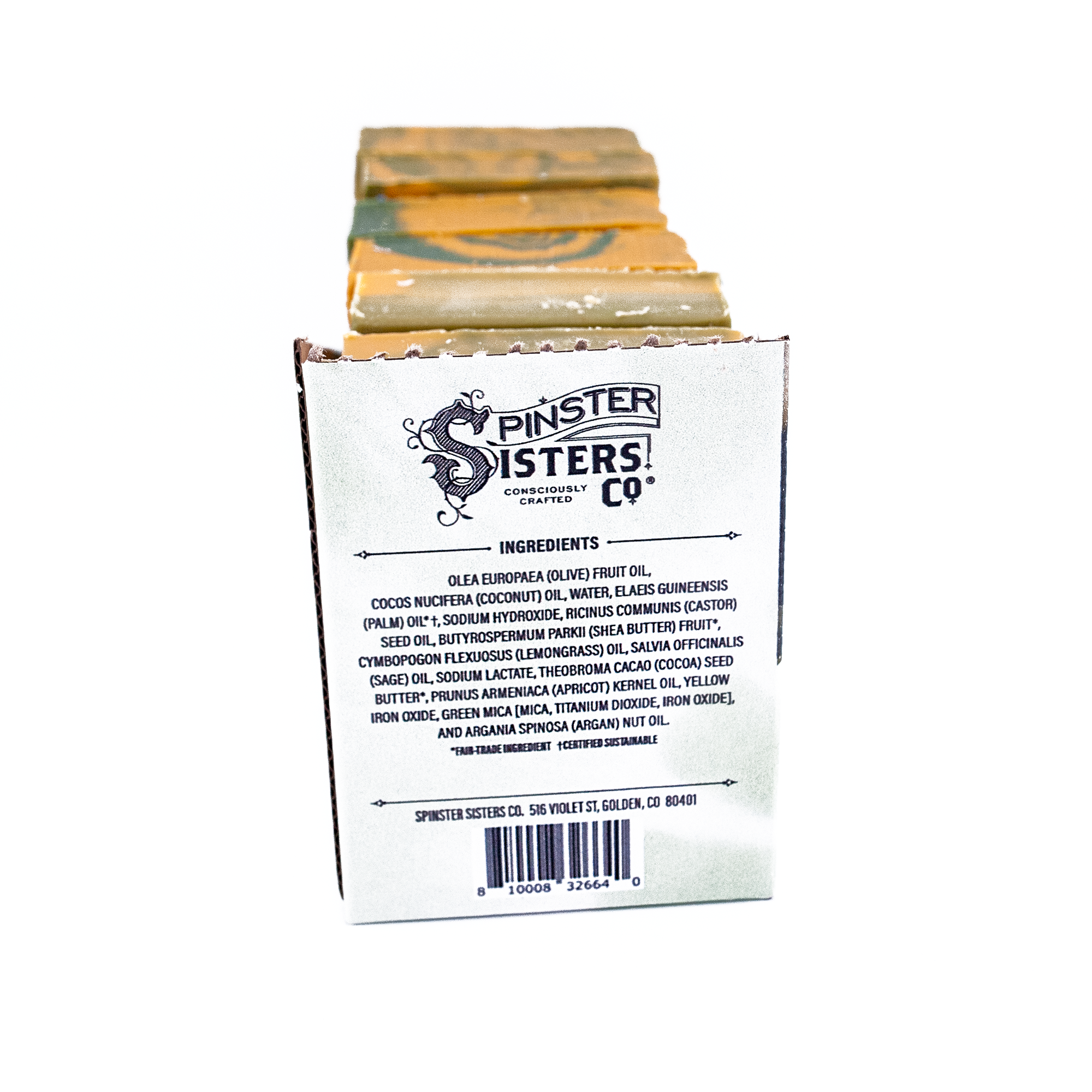 Bar of soap with 'Spinster Sisters Co' branding and ingredient list on a white background