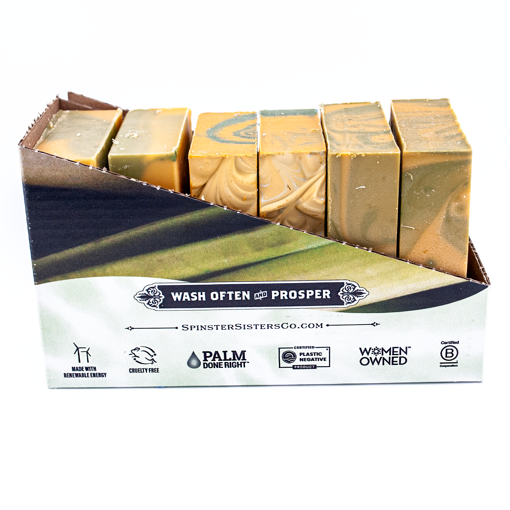 Case of Lemongrass Sage soap with visible branding on a white background