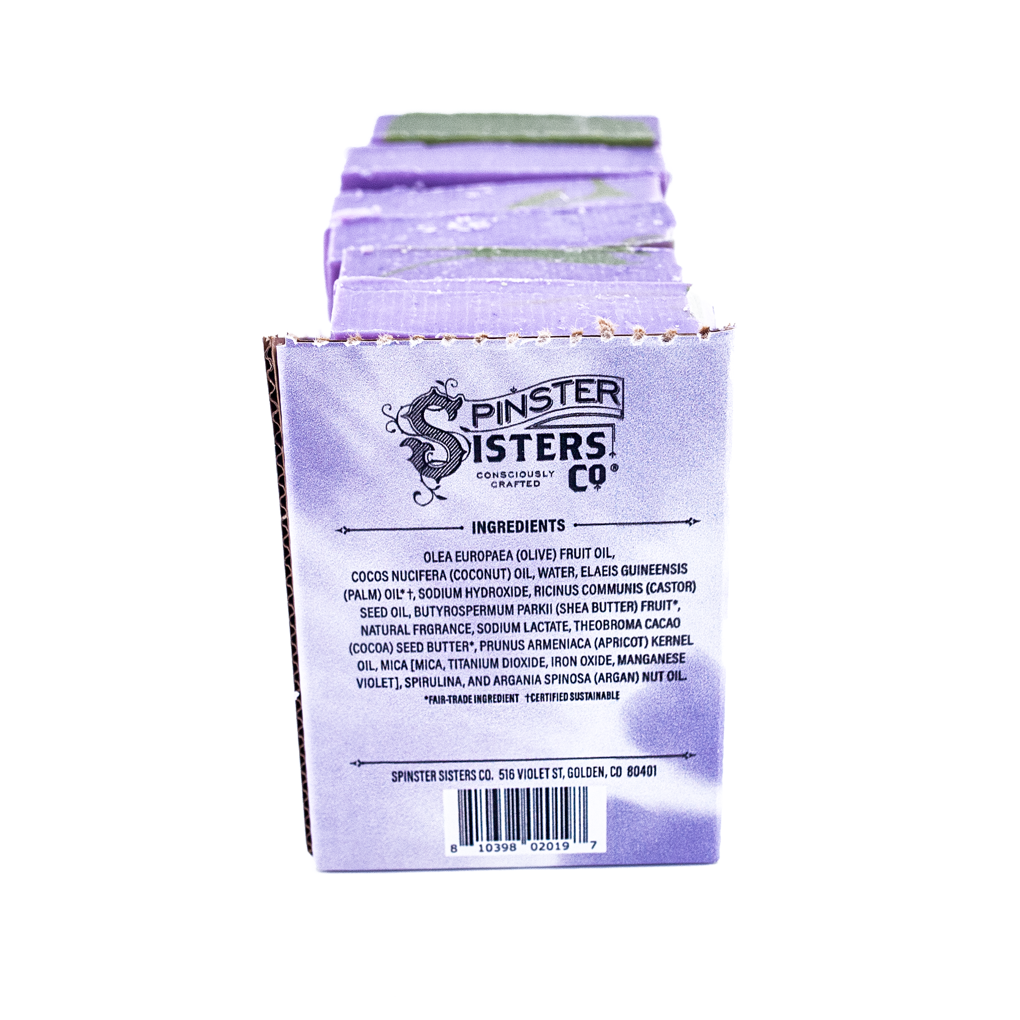 Case of Front Range Flowers bar soap with 'Spinster Sisters Co.' branding on a white background