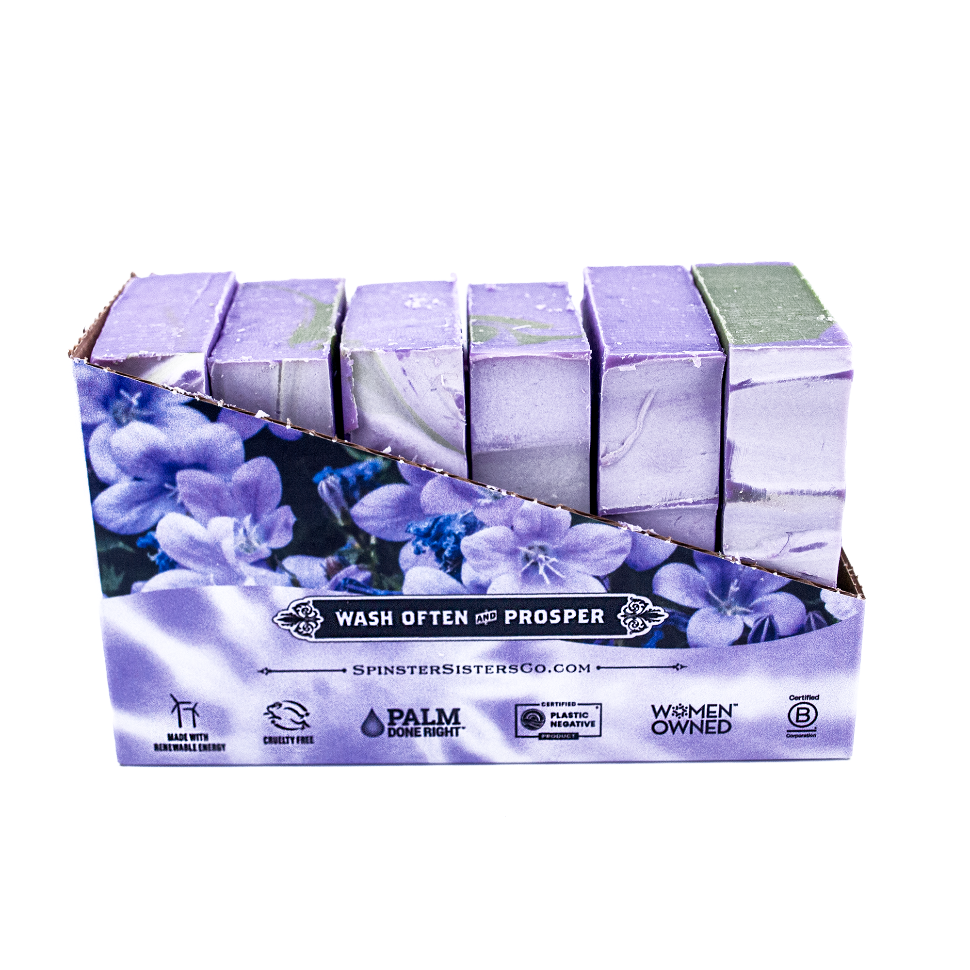 Case of Front Range Flower soap bars with floral design and branding on a white background