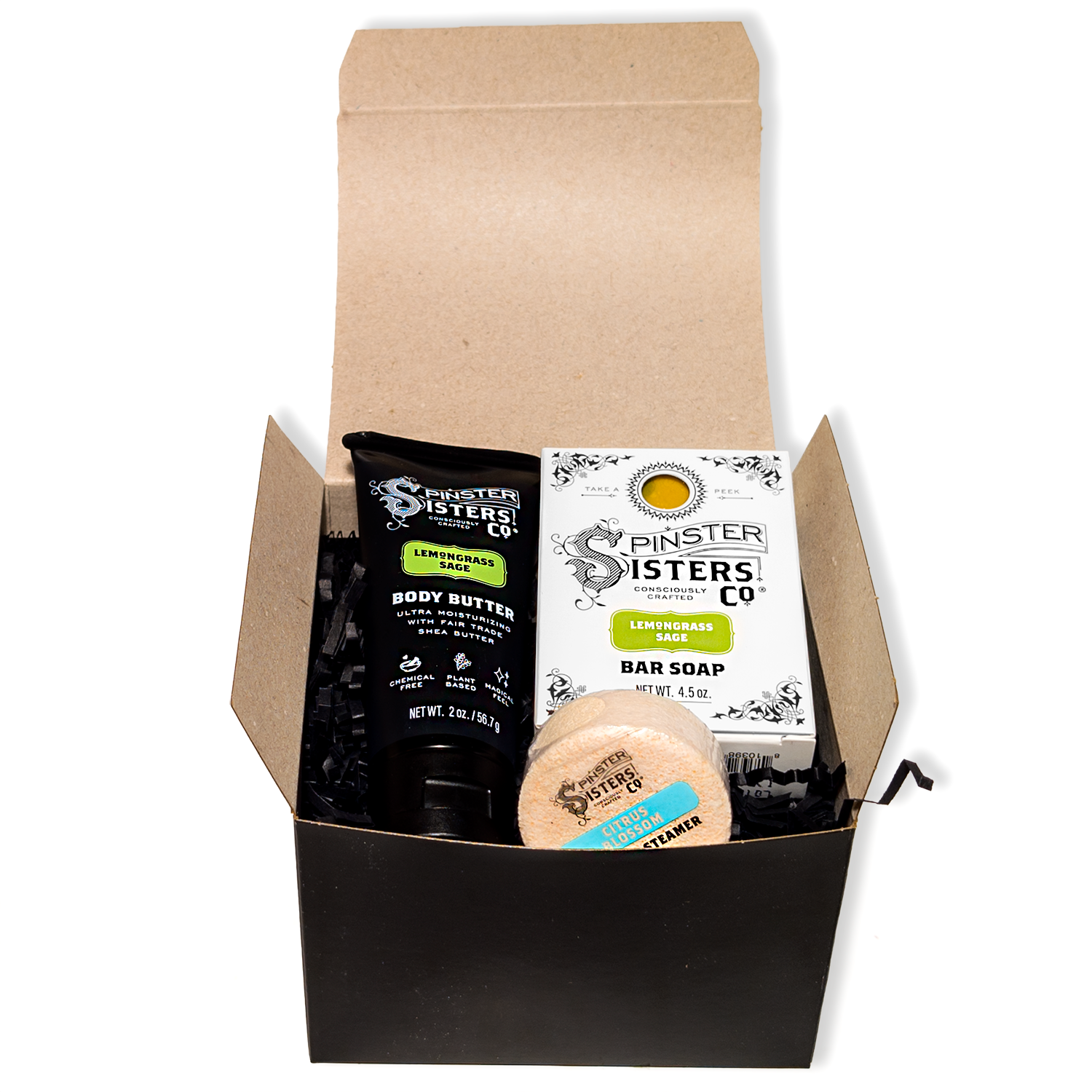 Open Lemongrass Sage Spinster Sisters Starter Set with a 2oz Lemongrass Sage body butter, Lemongrass Sage Bar Soap, Citus Blossom Shower steamer