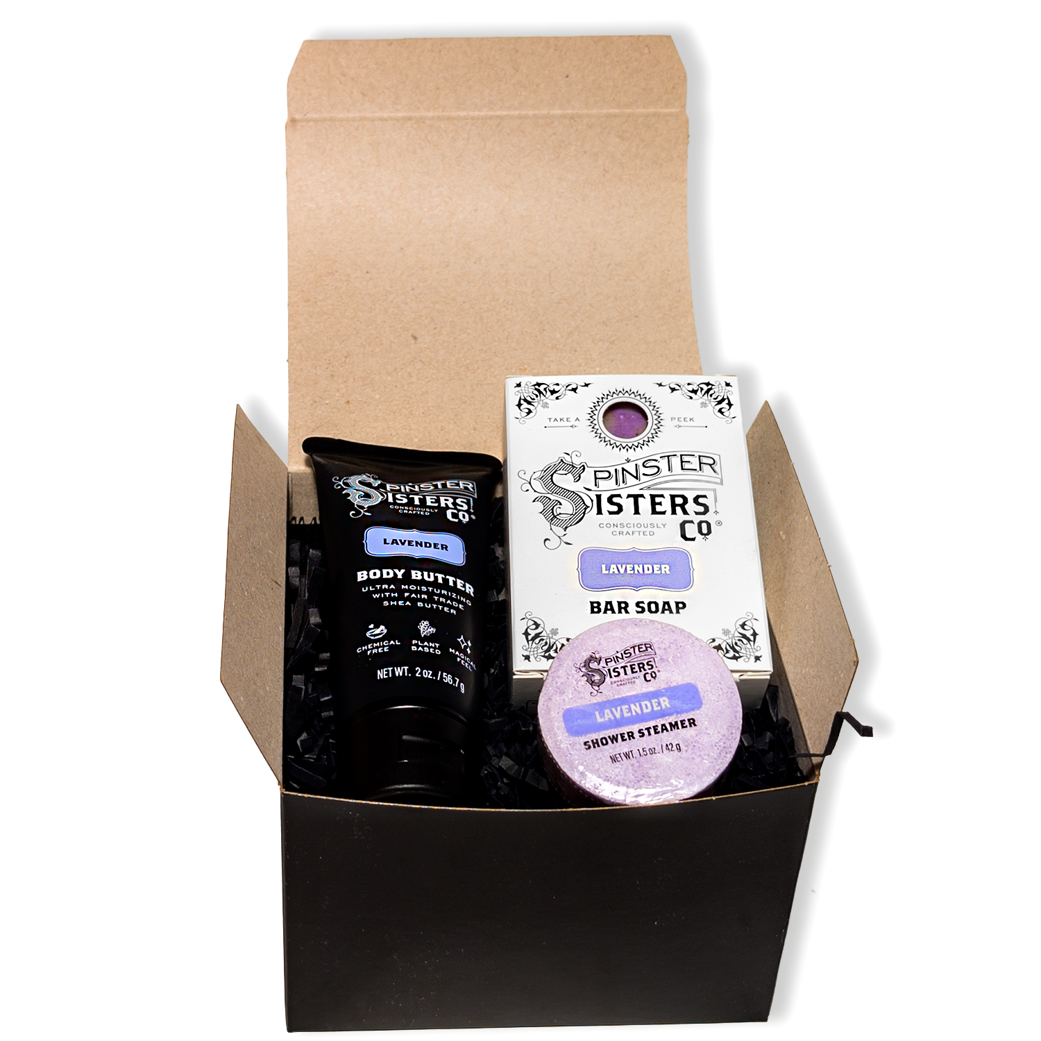 Open Lavender Spinster Sisters Starter Set with a 2oz Lavender body butter, Lavender Bar Soap, Lavender Shower steamer
