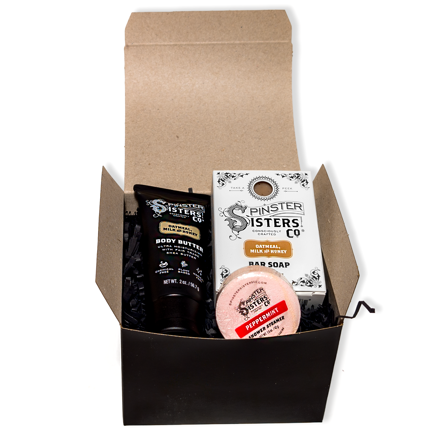 Open Oatmeal Milk & Honey Spinster Sisters Starter Set with a 2oz Oatmeal Milk & Honey body butter, Oatmeal Milk & Honey Bar Soap, Peppermint Shower steamer