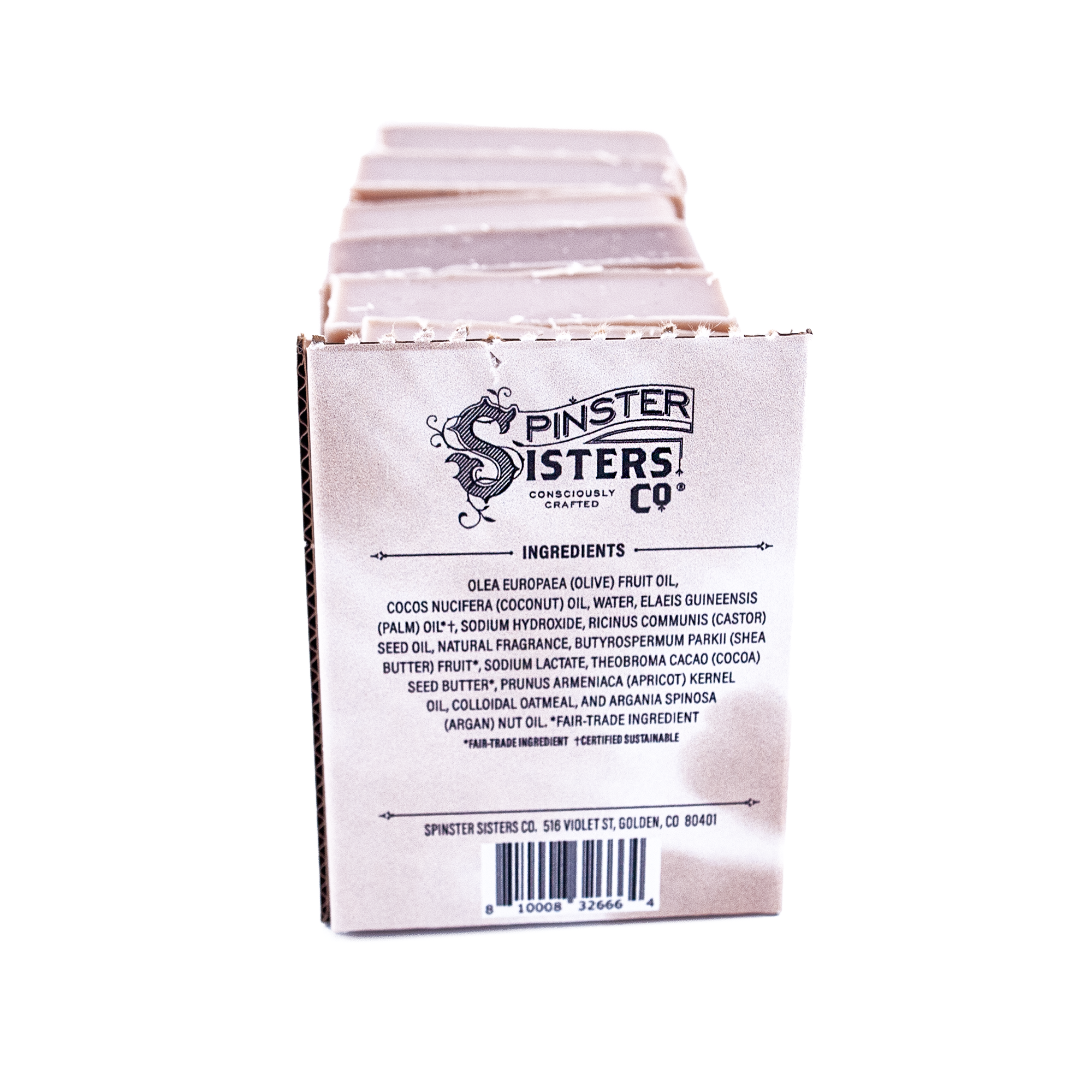 Box of Spinster Sisters Co. products with a list of ingredients on a white background